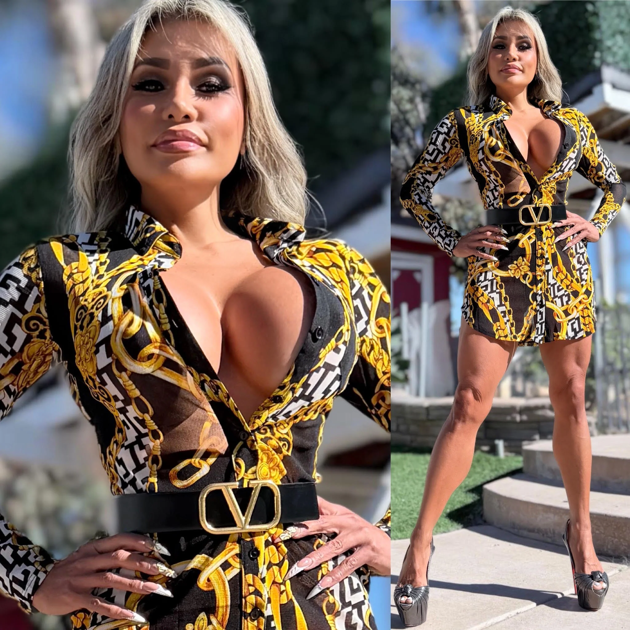 Connie's RICH RICH "FITTED SEMI SHEER & SEDUCTIVE BLACK & GOLD MINI" Full Button Down FITTED MESH SHIRT DRESS 🍸 - Image 5