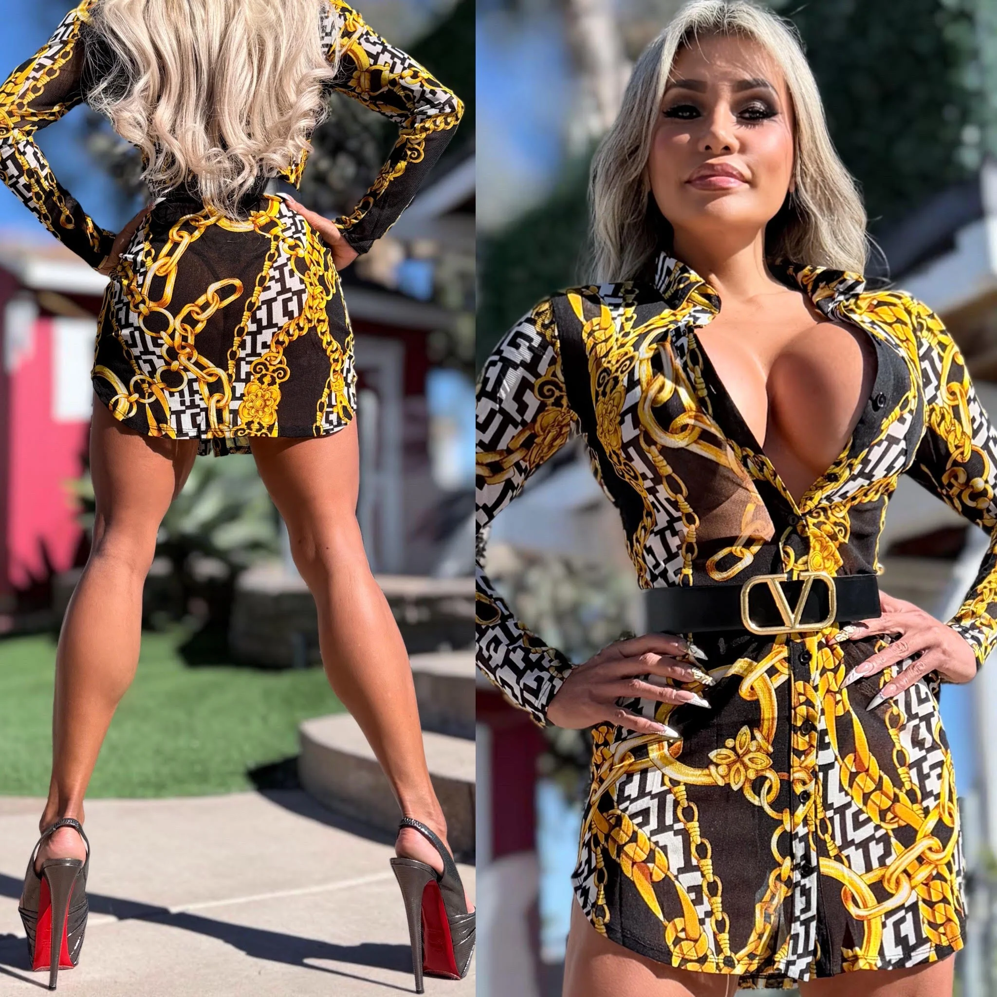 Connie's RICH RICH "FITTED SEMI SHEER & SEDUCTIVE BLACK & GOLD MINI" Full Button Down FITTED MESH SHIRT DRESS 🍸 - Image 6
