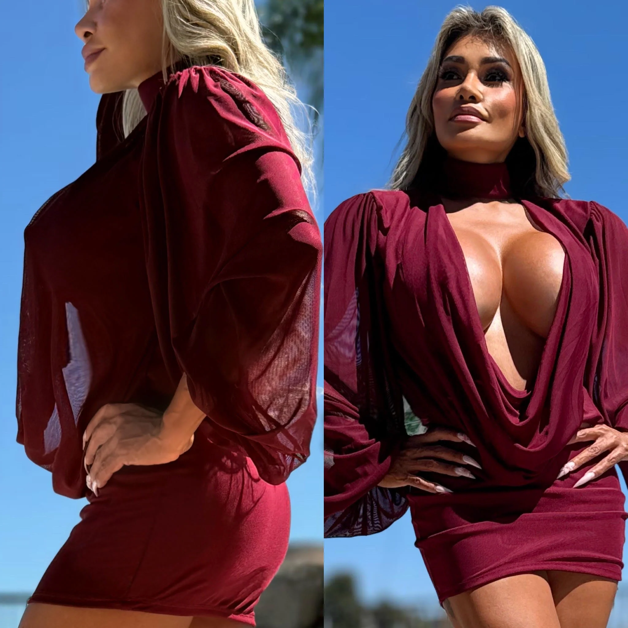 Connie's "SEE THRU AND ELEGANT EXTREME PLUNGE Mini” RICH DEEP RED Upper is Semi Sheer-Ish Stretch To Fit Lower - Image 2