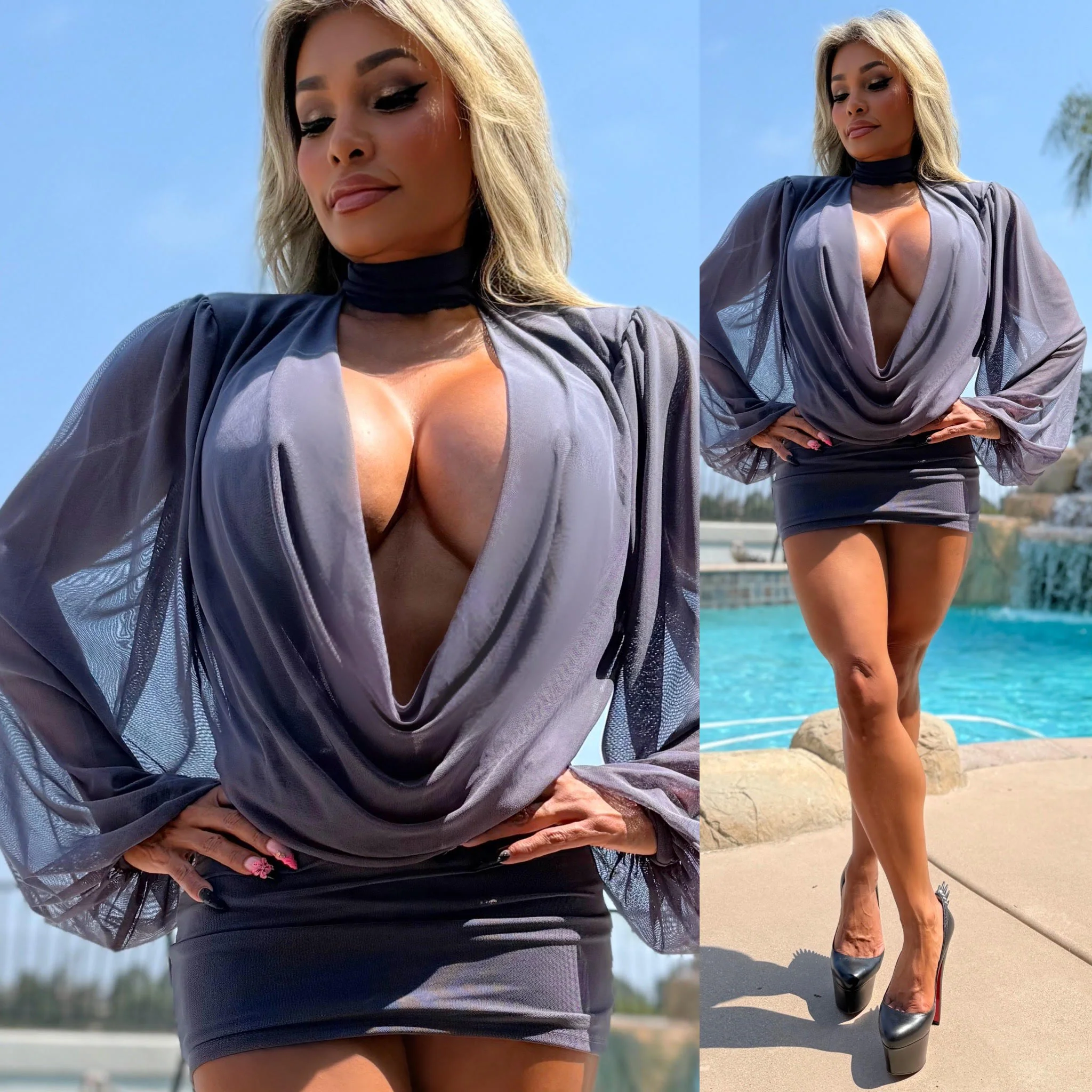 Connie's "SEE THRU AND ELEGANT EXTREME PLUNGE Mini” RICH GRAY Upper is Semi Sheer-Ish Stretch To Fit Lower - Image 3