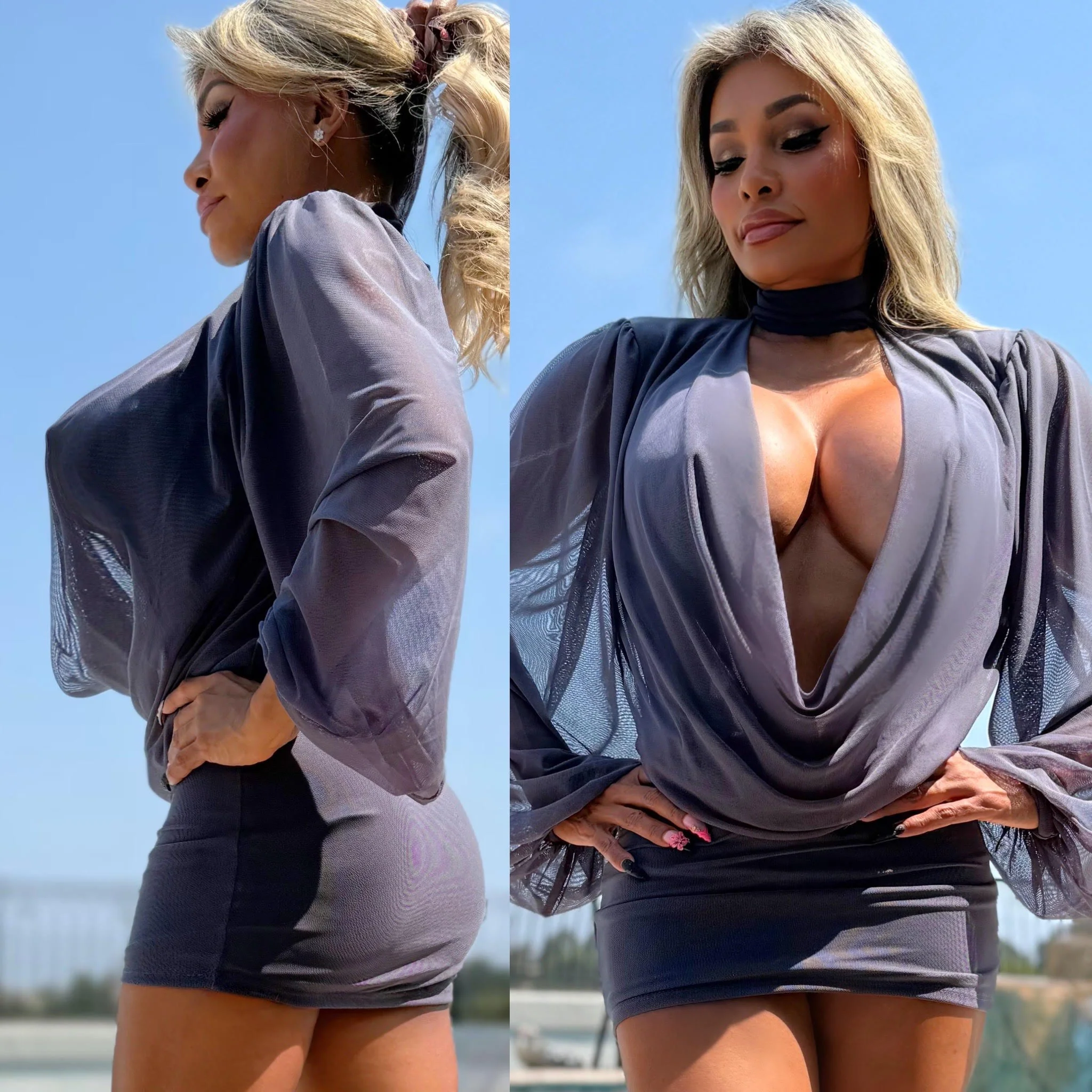 Connie's "SEE THRU AND ELEGANT EXTREME PLUNGE Mini” RICH GRAY Upper is Semi Sheer-Ish Stretch To Fit Lower - Image 5