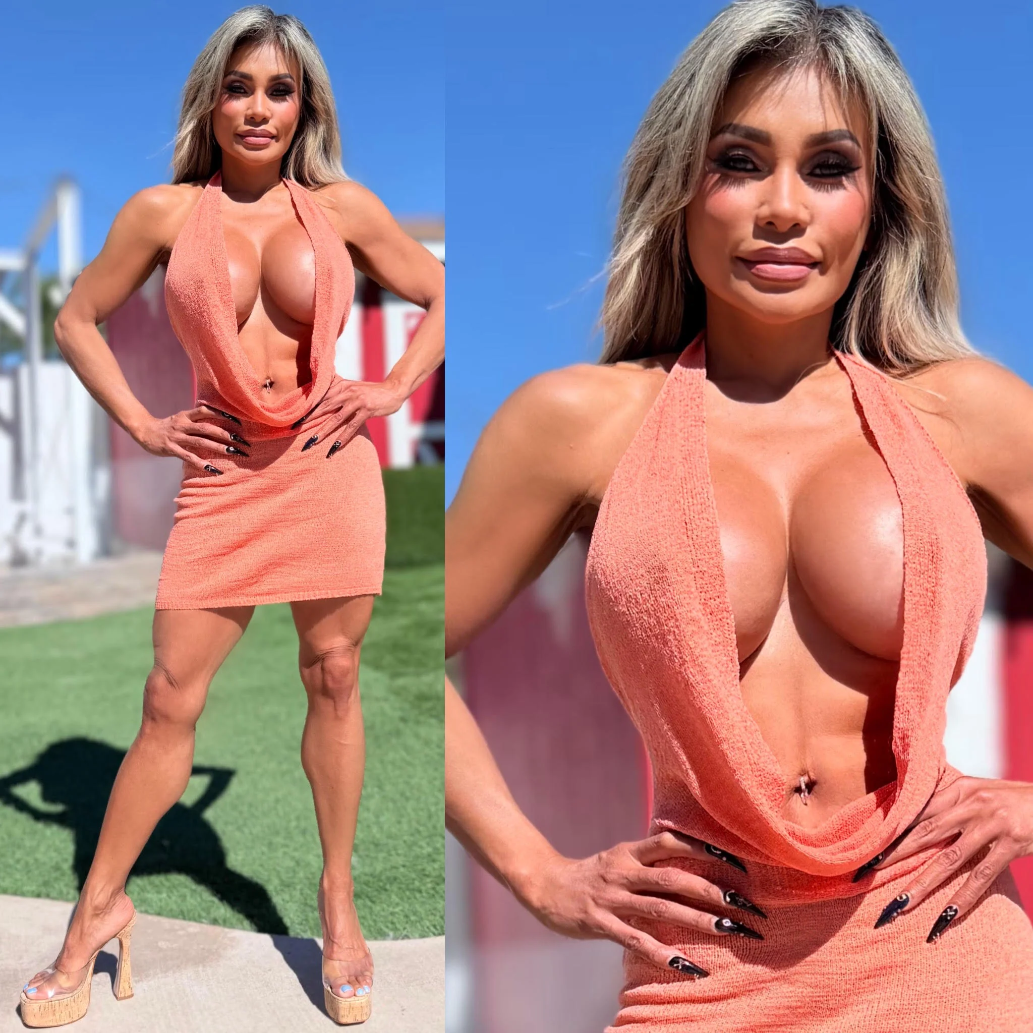 Connie's SEMI SHEER-ish "SWEET PEACH KNIT COWL PLUNGE MINI" Adjustable halter and back Tie for a Perfect fit - Image 2
