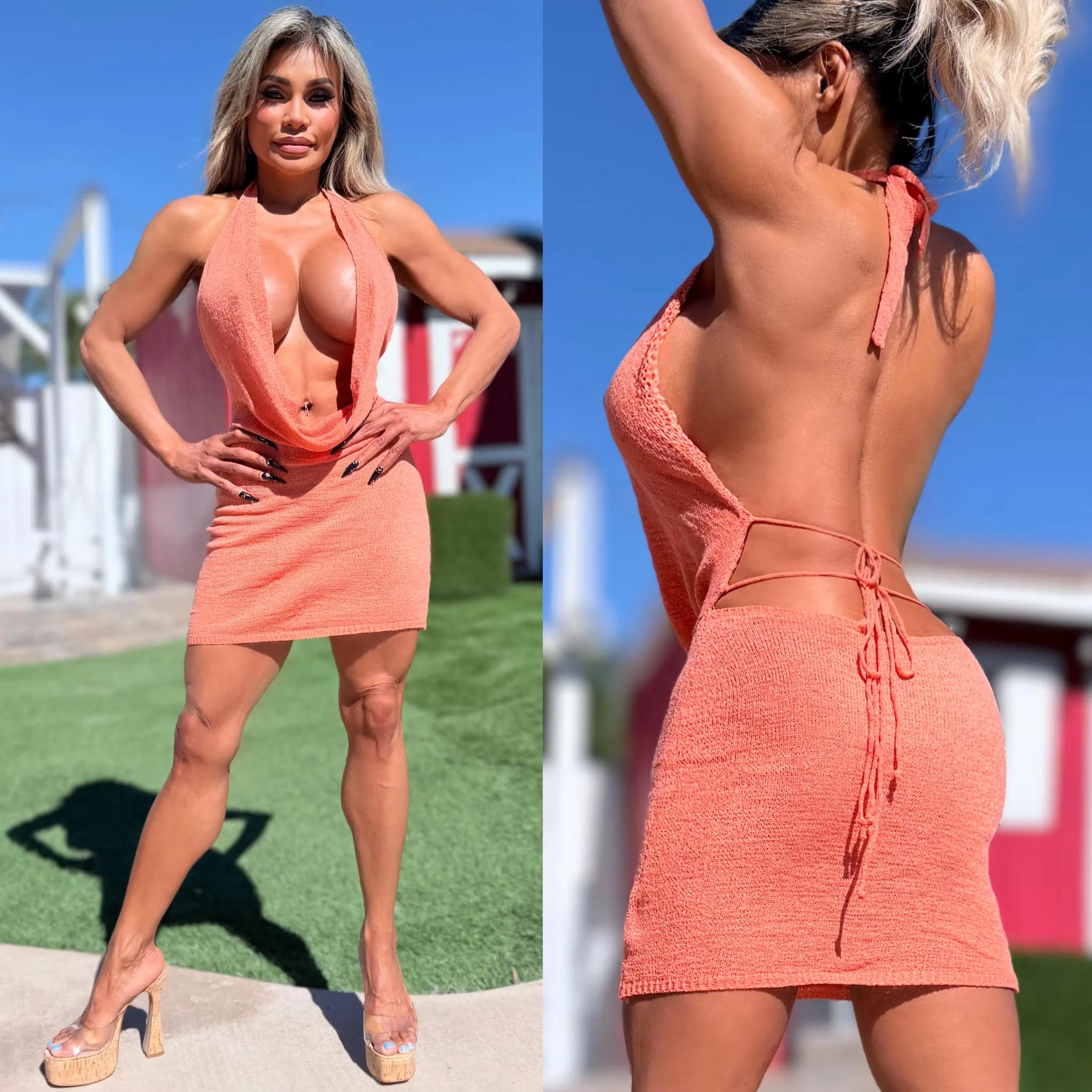 Connie's SEMI SHEER-ish "SWEET PEACH KNIT COWL PLUNGE MINI" Adjustable halter and back Tie for a Perfect fit - Image 3