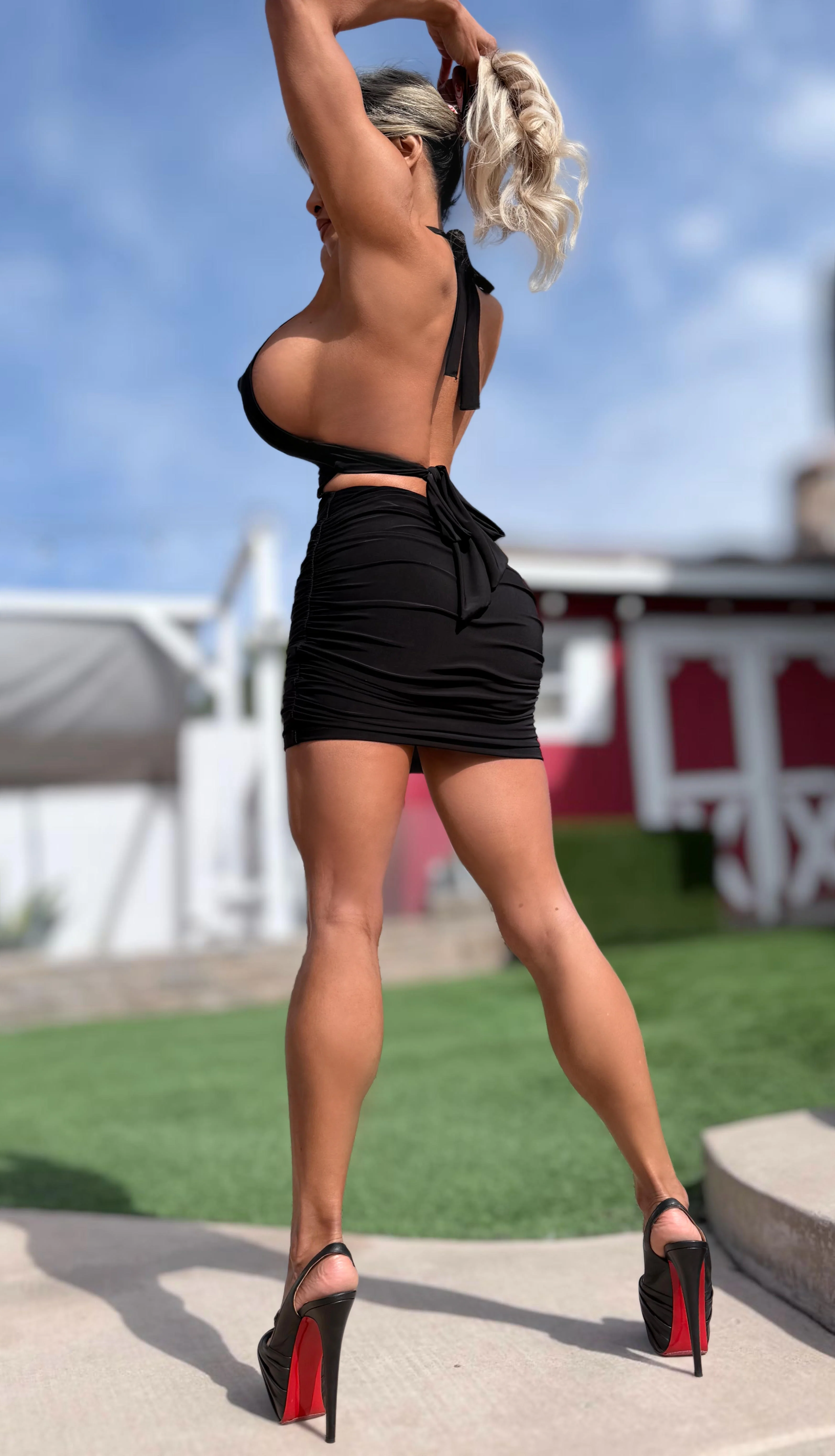 Connie's "RICH DEEP PLUNGE BACKLESS HALTER Mini Dress" GOLD ACCENT, Double Fabric SUPPORT for use without a Bra, Made in the USA - Image 7