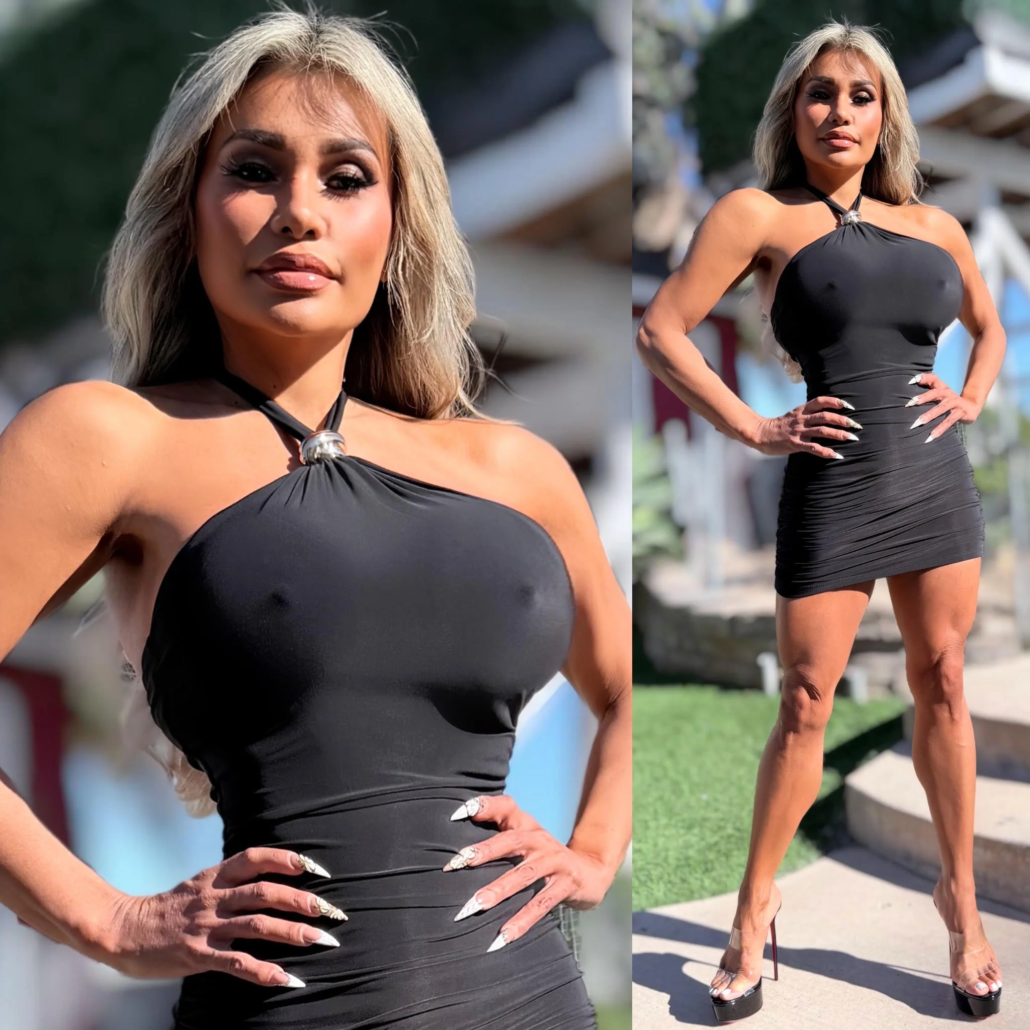 Connie's "SHORT SHORT RICH GOLD ACCENT RUCHED HALTER MINI" BLACK Double Fabric Construction and SUPPORT for use without a Bra, Made in the USA - Image 3