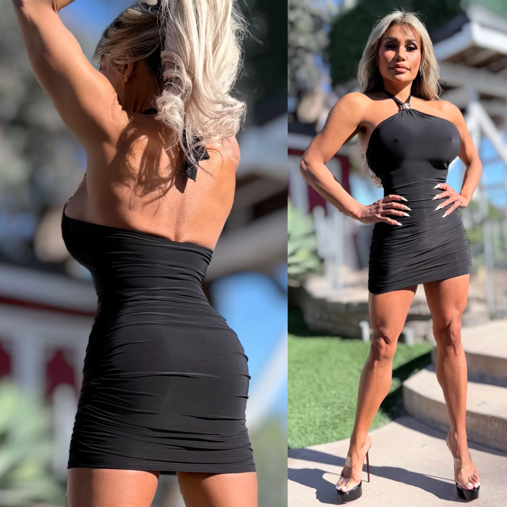 Connie's "SHORT SHORT RICH GOLD ACCENT RUCHED HALTER MINI" BLACK Double Fabric Construction and SUPPORT for use without a Bra, Made in the USA - Image 6