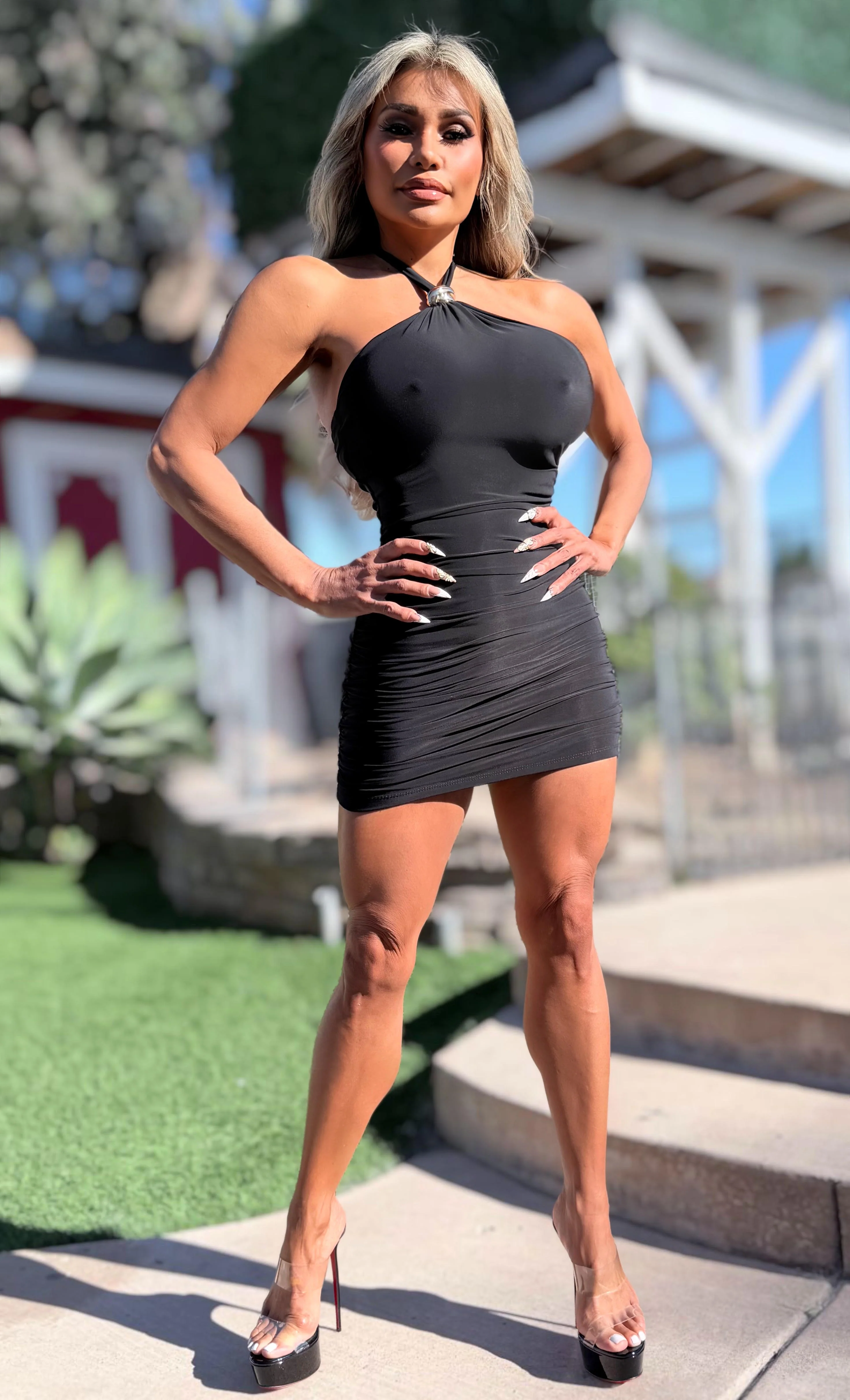 Connie's "SHORT SHORT RICH GOLD ACCENT RUCHED HALTER MINI" BLACK Double Fabric Construction and SUPPORT for use without a Bra, Made in the USA - Image 7