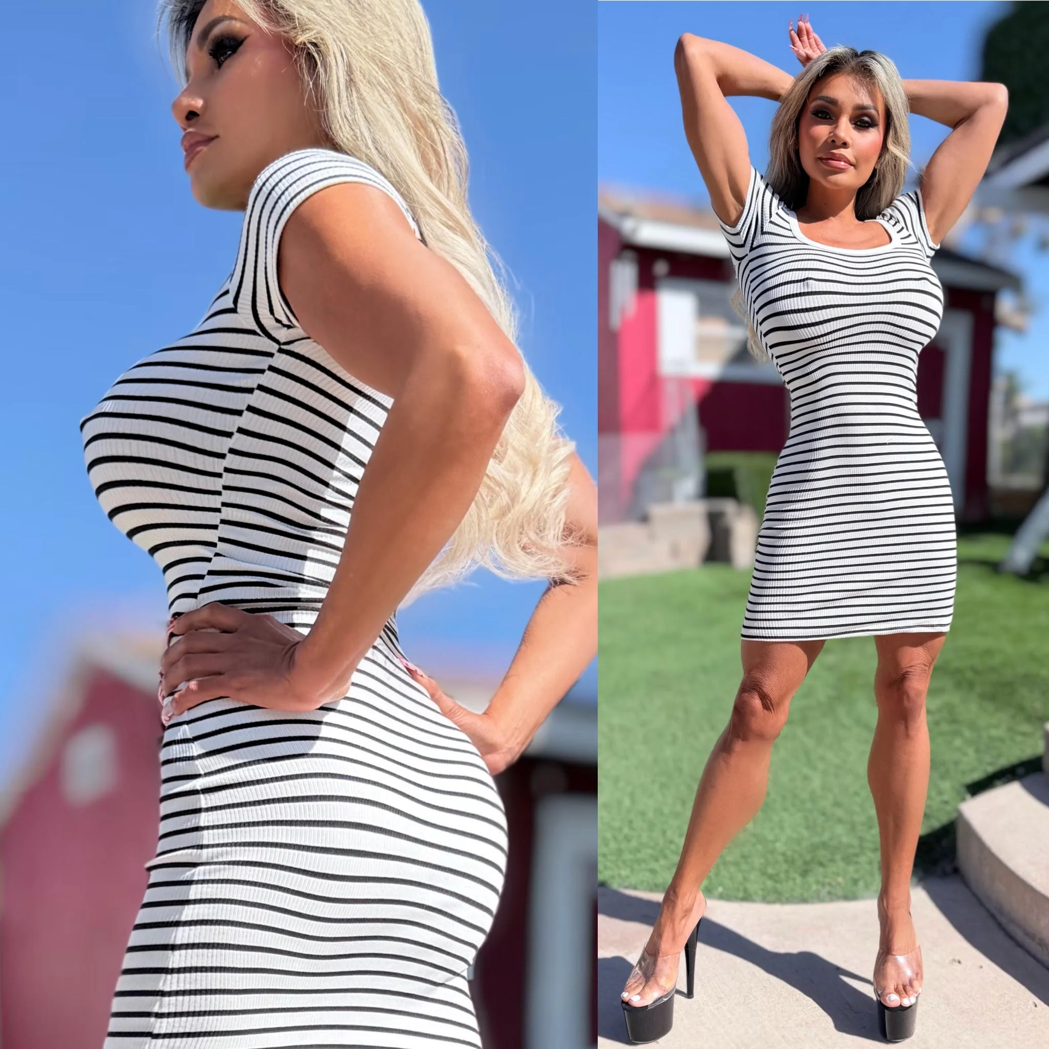 Connie's "SIMPLE SEXY STRETCH FIT MINI" Not Lined, Tight Stretch Fit, Ribbed WHITE & BLACK Striped - Image 6
