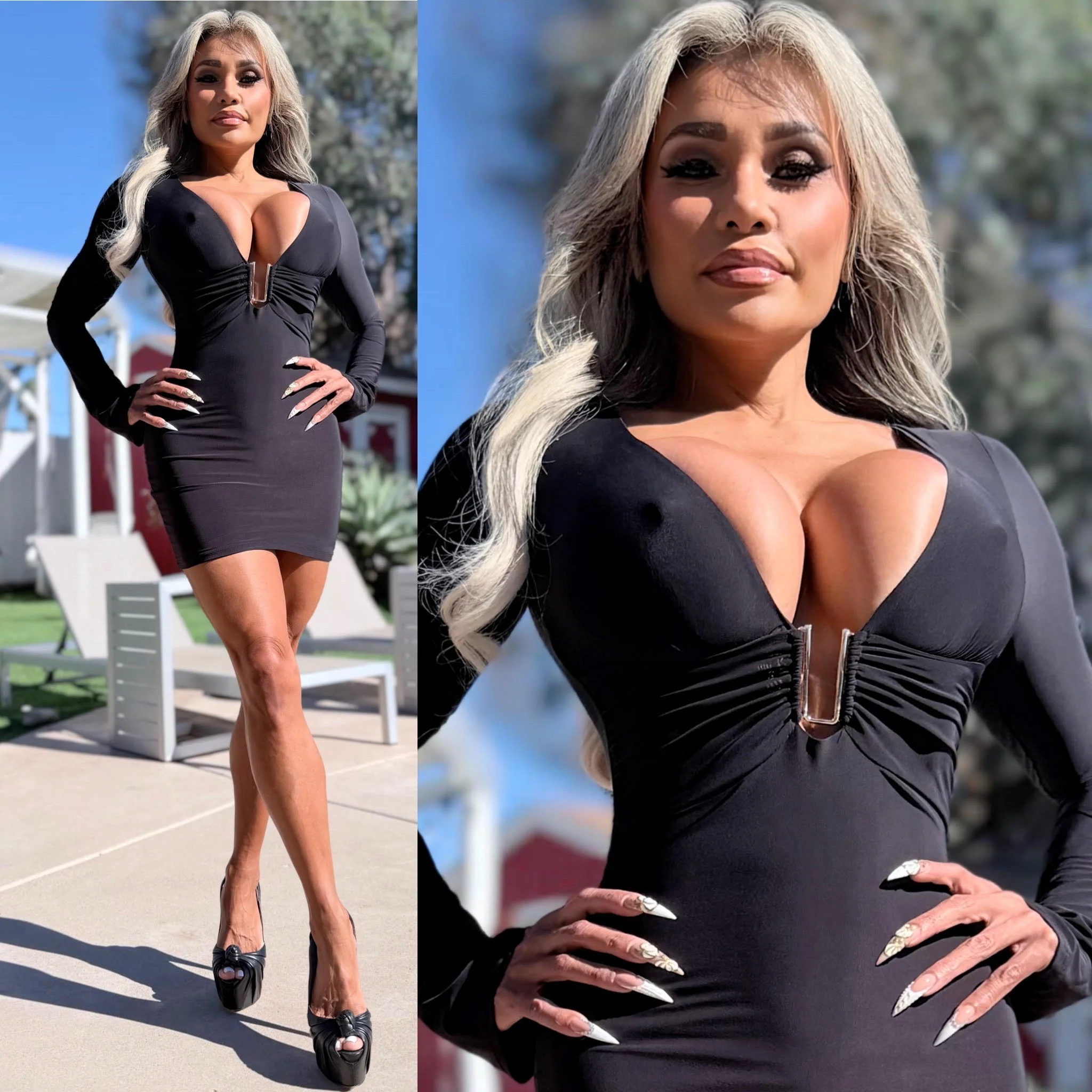 Connie's "SMASHING MELONS BLACK LOUNGE GIRL Mini" RICH GOD CHEST ACCENT, and Bell Sleeves ... Made in the USA - Image 2