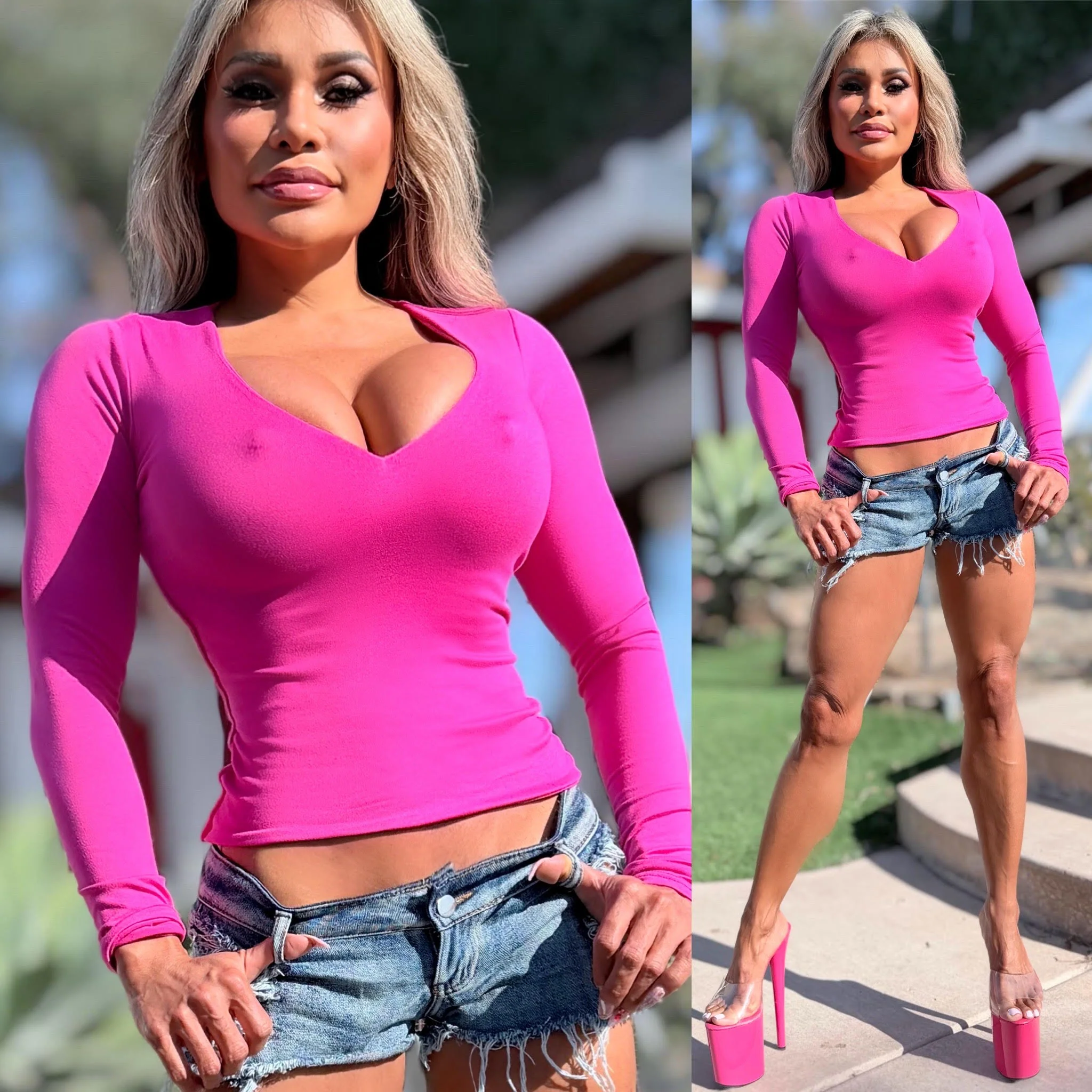 Connie's "SMOOTH HOT PINK V-NECK LONG SLEEVE Top" Double fabric Support & Perfect Fit SPANDEX ... Made in the USA
