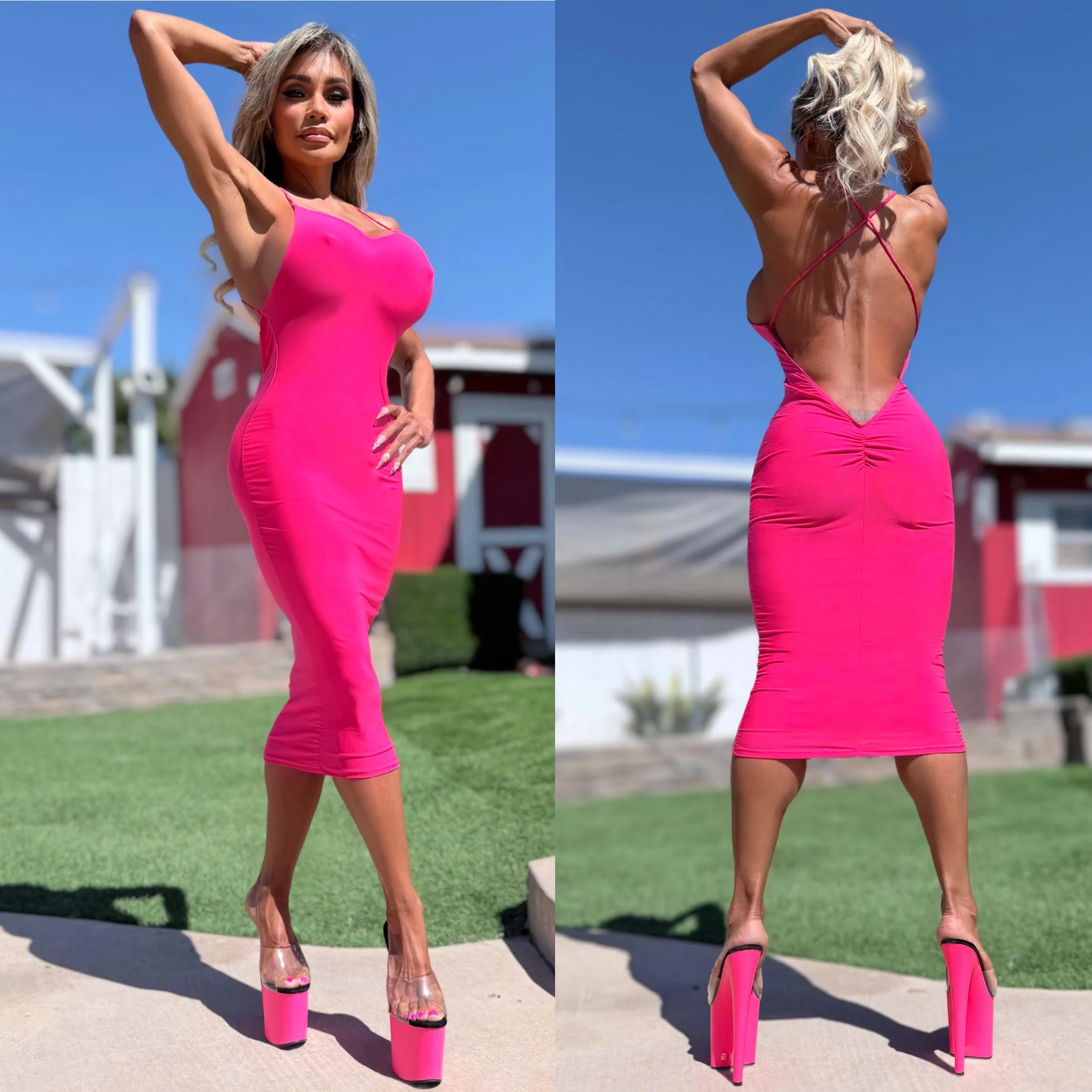 Connie's "Sophisticated 💋 VIP NEON PINK LOW BACK MIDI" With Super Stretch Fit and Double fabric Support - Image 5