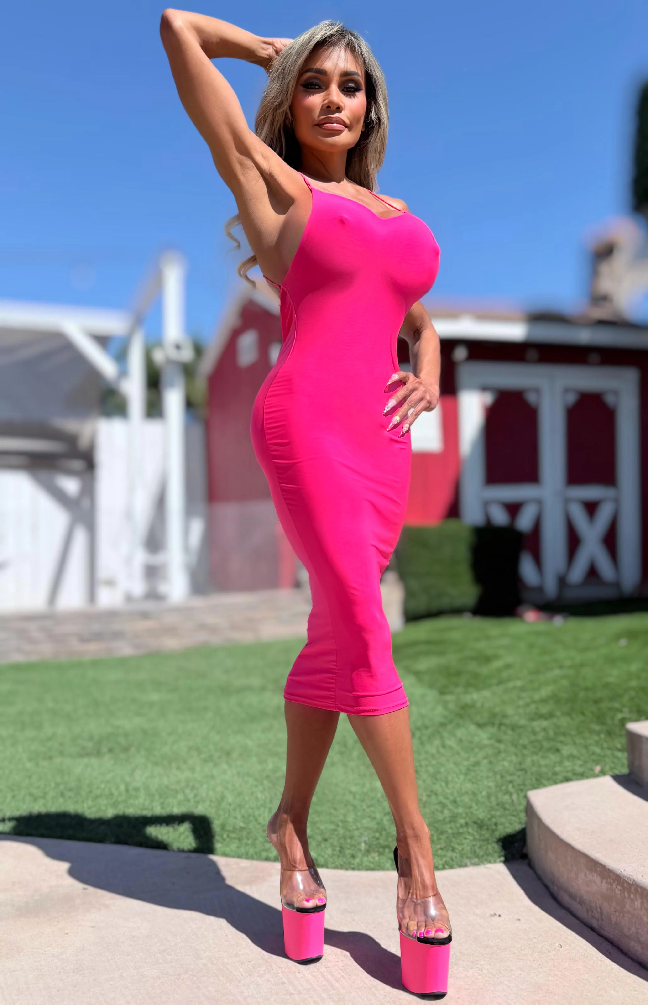 Connie's "Sophisticated 💋 VIP NEON PINK LOW BACK MIDI" With Super Stretch Fit and Double fabric Support - Image 8