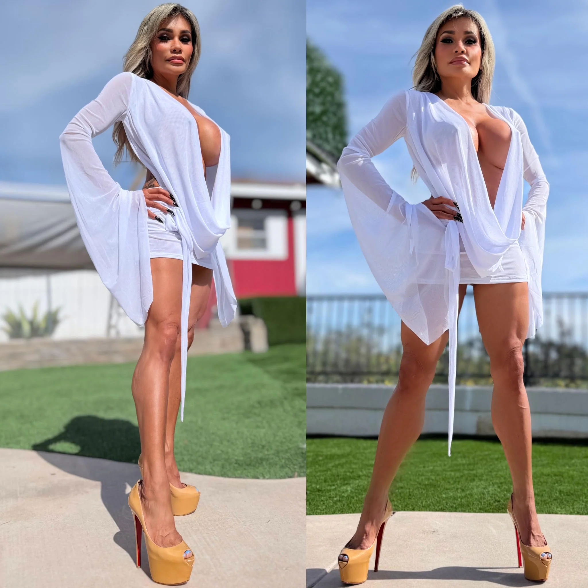 Connie's SUPER SHORT ๐ "RICH & DARING WHITE DREAM MESH ๐ฅ๐พ MINI" GIANT COWL Plunge, Bell Sleeves, Not for the SHY - Image 2