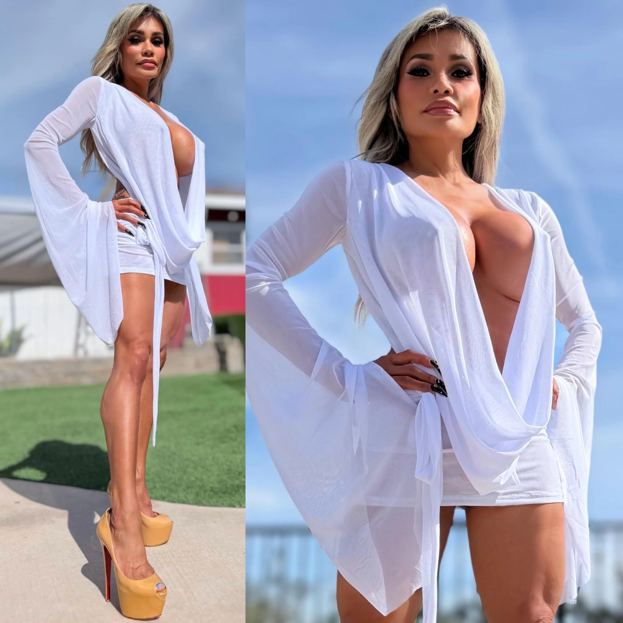 Connie's SUPER SHORT ๐ "RICH & DARING WHITE DREAM MESH ๐ฅ๐พ MINI" GIANT COWL Plunge, Bell Sleeves, Not for the SHY - Image 5