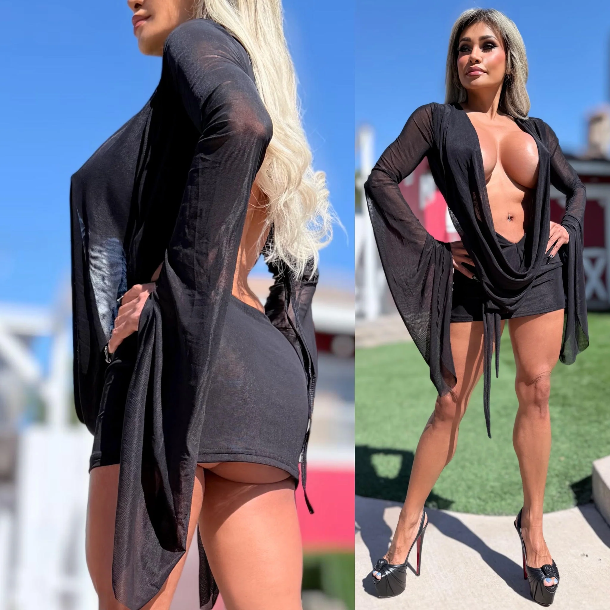Connie's SUPER SHORT ๐ "RICH & DARING BLACK MESH ๐ฅ๐พ MINI" GIANT COWL Plunge, Bell Sleeves, Not for the SHY