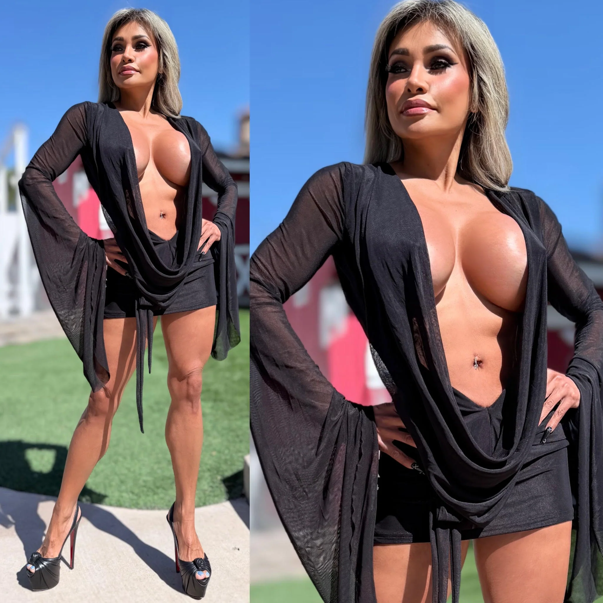 Connie's SUPER SHORT ๐ "RICH & DARING BLACK MESH ๐ฅ๐พ MINI" GIANT COWL Plunge, Bell Sleeves, Not for the SHY - Image 3