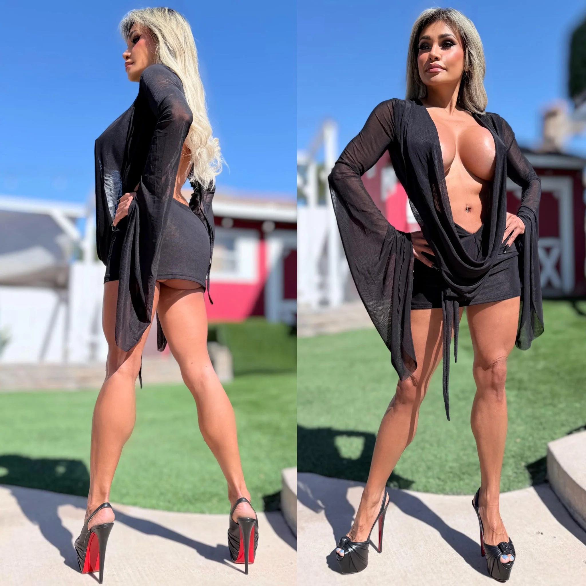 Connie's SUPER SHORT ๐ "RICH & DARING BLACK MESH ๐ฅ๐พ MINI" GIANT COWL Plunge, Bell Sleeves, Not for the SHY - Image 5