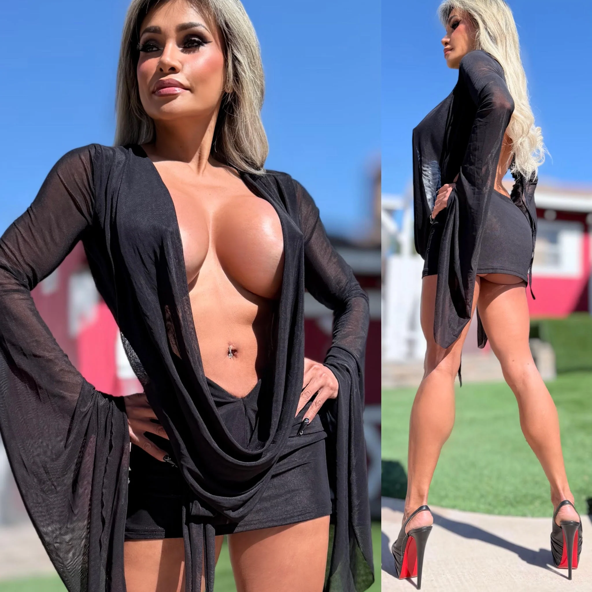 Connie's SUPER SHORT ๐ "RICH & DARING BLACK MESH ๐ฅ๐พ MINI" GIANT COWL Plunge, Bell Sleeves, Not for the SHY - Image 6