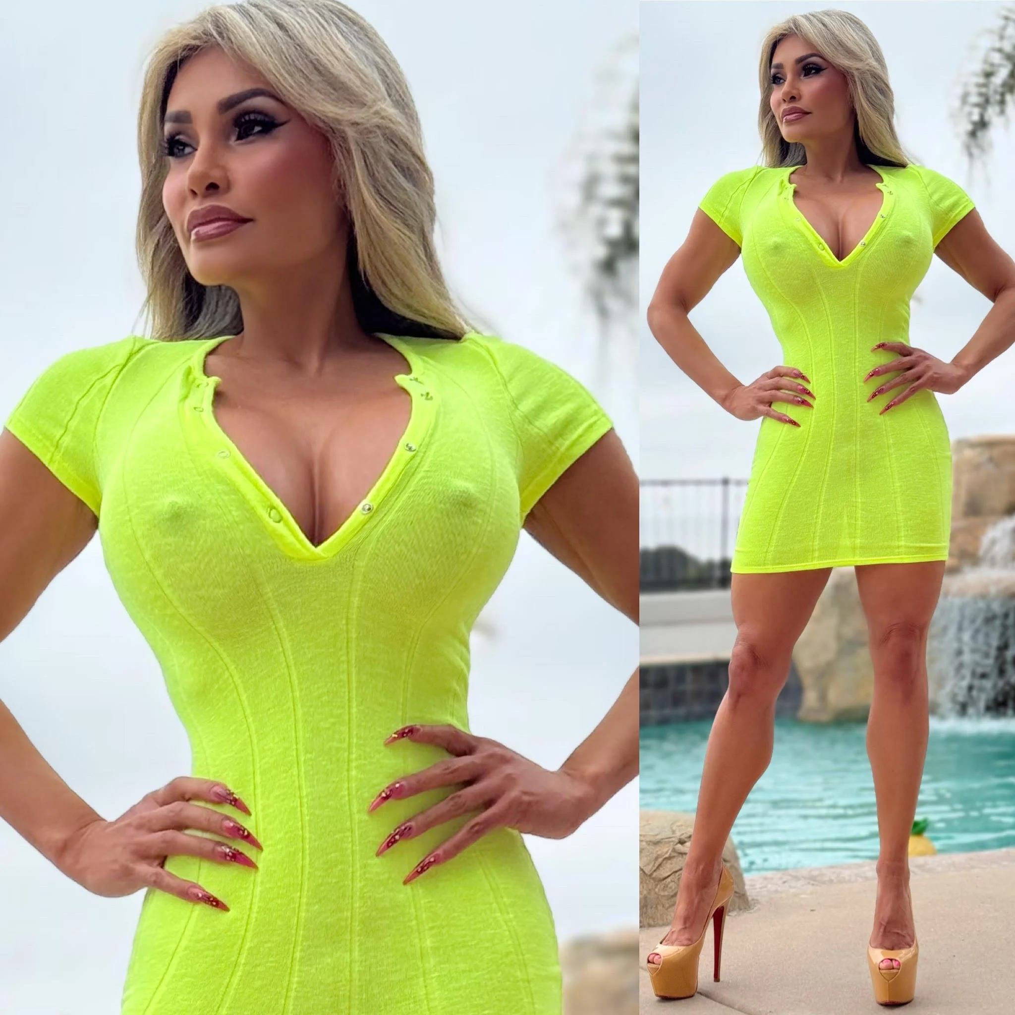 Connie's... "RICH & SINFUL SEMI SHEER NEON STRETCH KNIT Mini" Lightweight Stretch Knit, Button Snap Chest Closure - Image 4