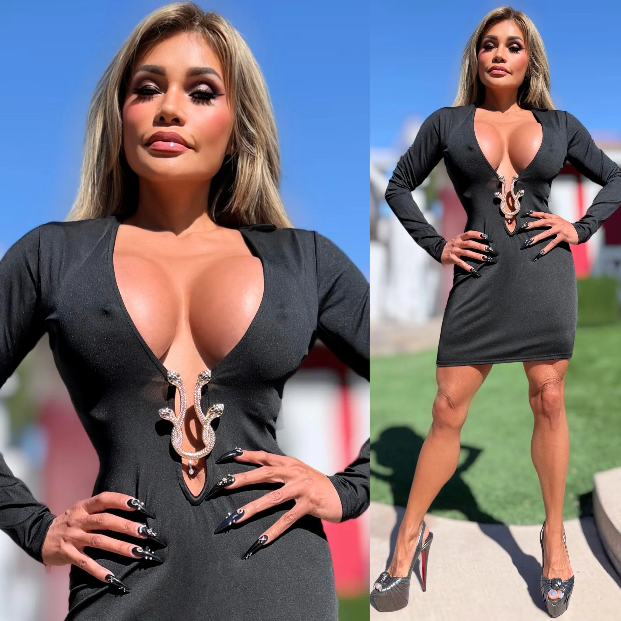 Connie's EXCLUSIVE "Elegant BLACK SNAKE DEEP PLUNGE MINI" Gold SNAKE Accent, EXTREME PLUNGE Super Stretch PENCIL FIT 🍸🍸🍸 - Image 2