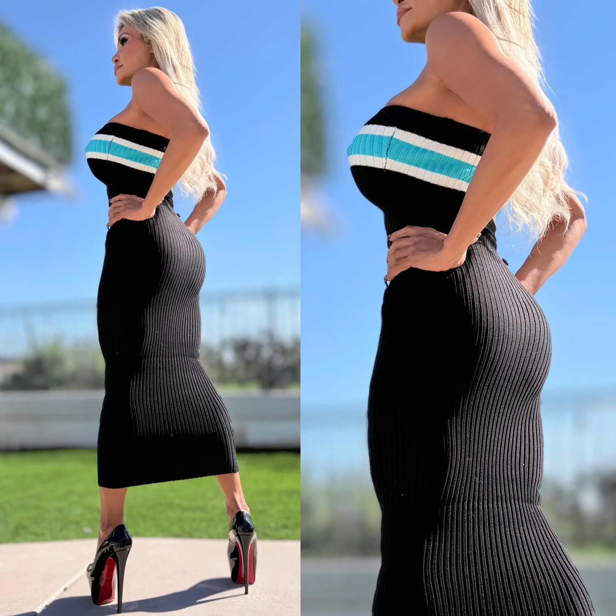Connie's "PRINCESS PAIN 😈 BLACK & OCEAN Strapless Midi" THICK RICH STRETCH KNIT, Stay Put Chest Elastic - Image 5
