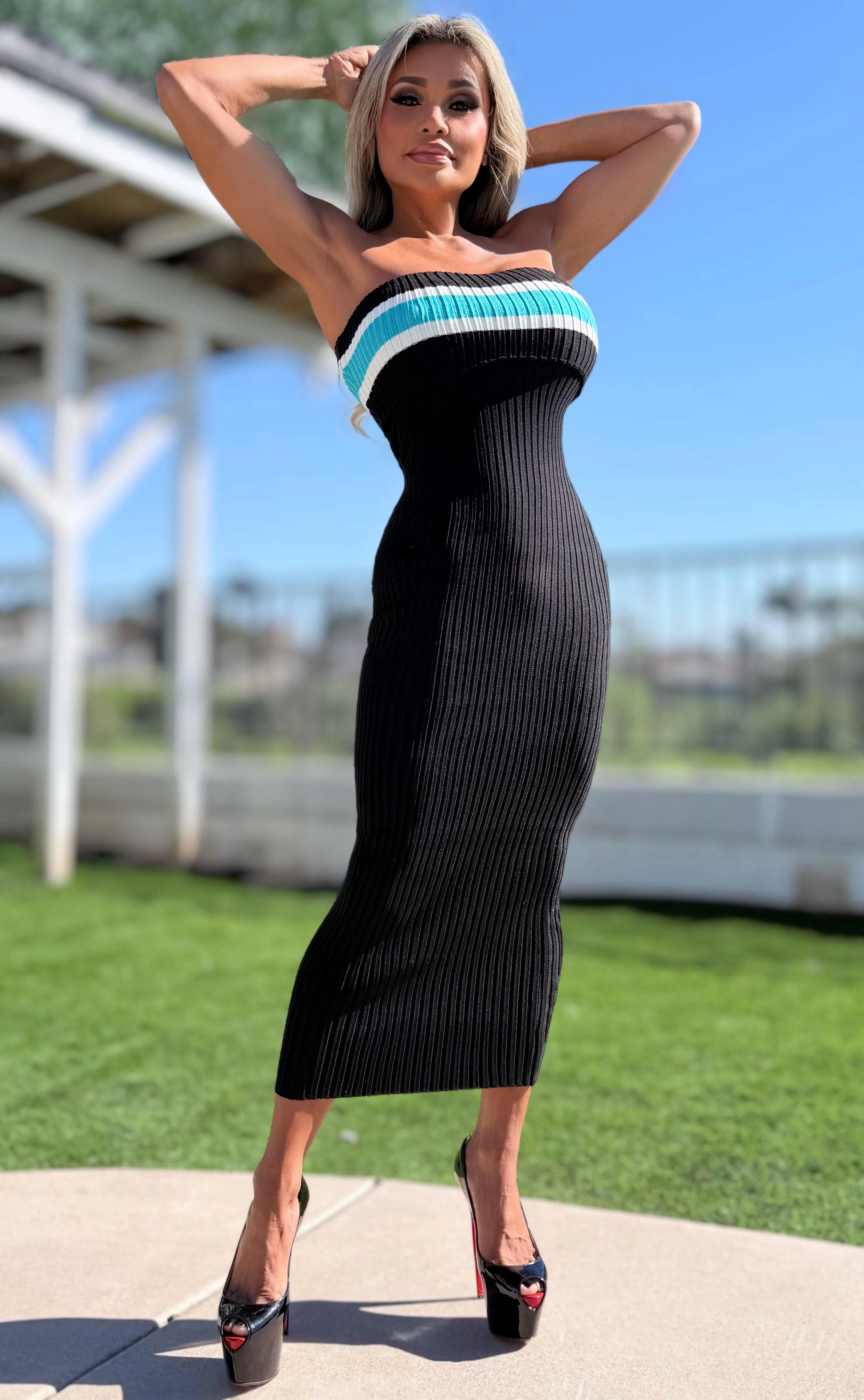 Connie's "PRINCESS PAIN 😈 BLACK & OCEAN Strapless Midi" THICK RICH STRETCH KNIT, Stay Put Chest Elastic - Image 6