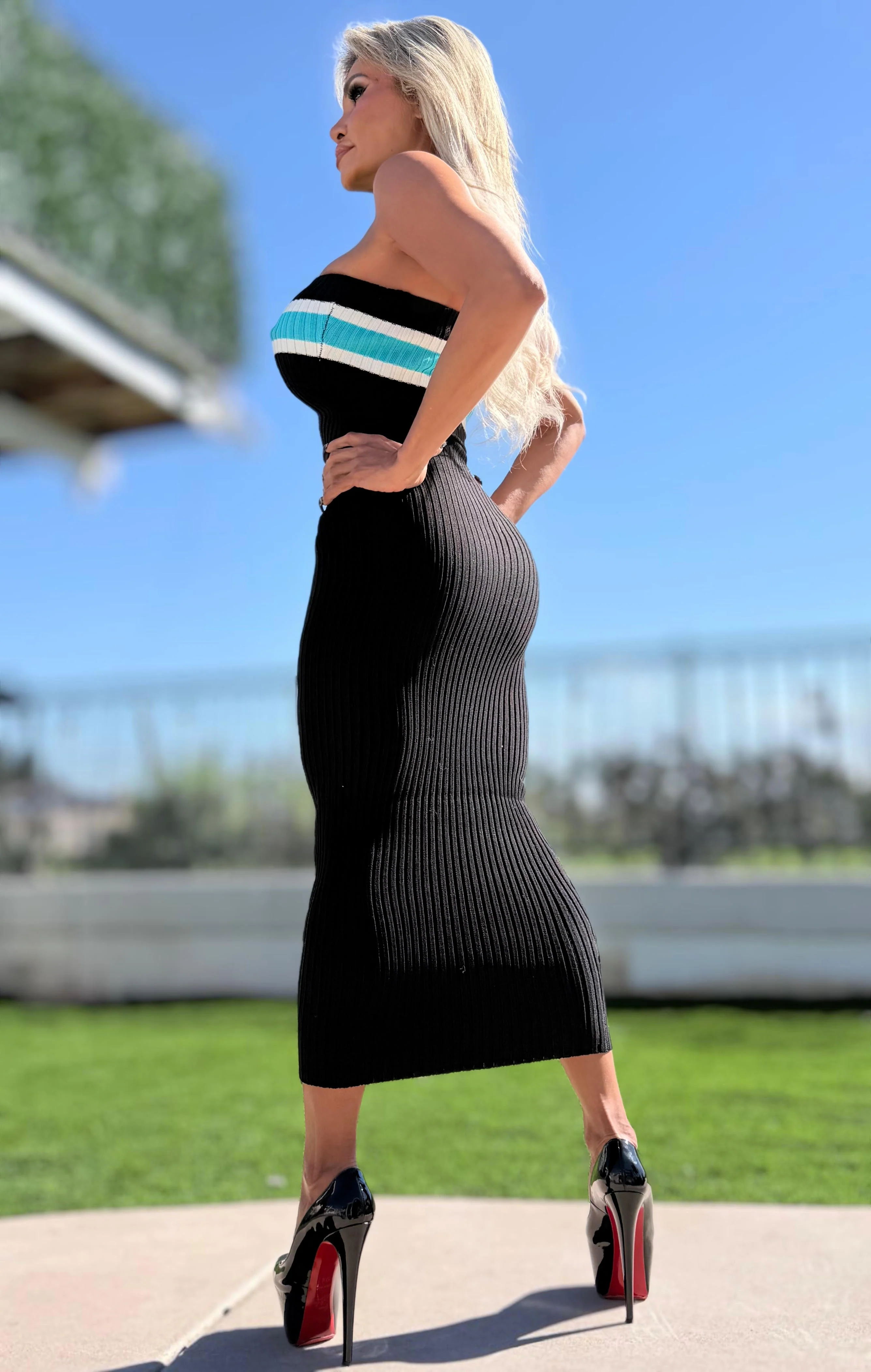 Connie's "PRINCESS PAIN 😈 BLACK & OCEAN Strapless Midi" THICK RICH STRETCH KNIT, Stay Put Chest Elastic - Image 7