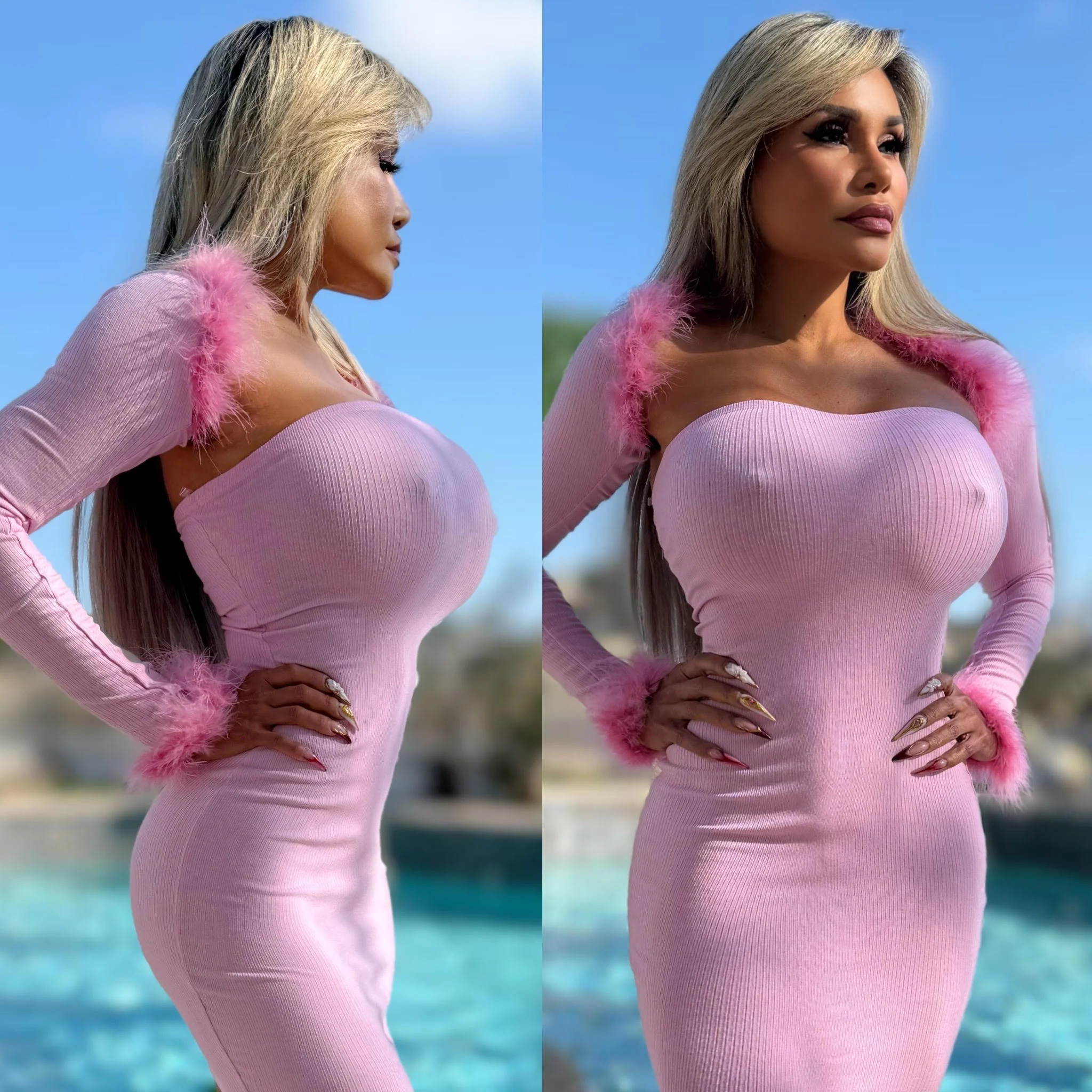 FINAL SALE Connie's "Barbie PINK SET" Mini Dress, and Feather Accents Bolero Jacket, Ribbed Full Stretch Fabric that is Unlined - Image 2