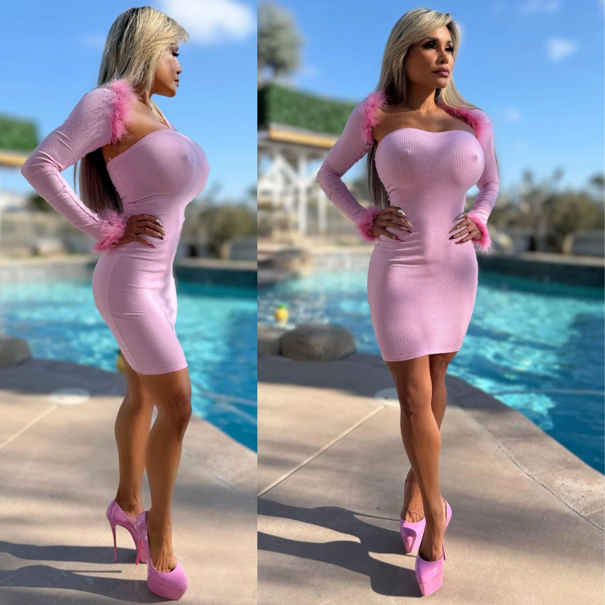FINAL SALE Connie's "Barbie PINK SET" Mini Dress, and Feather Accents Bolero Jacket, Ribbed Full Stretch Fabric that is Unlined - Image 3
