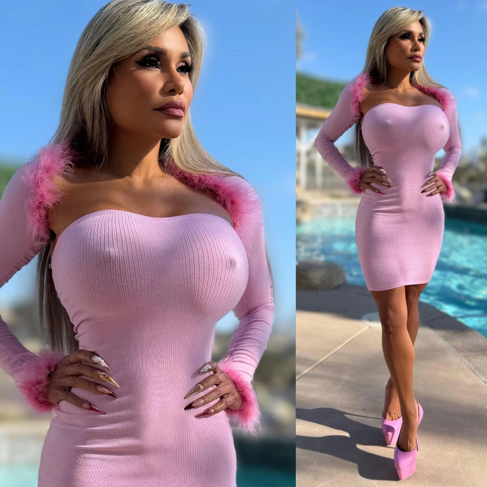 FINAL SALE Connie's "Barbie PINK SET" Mini Dress, and Feather Accents Bolero Jacket, Ribbed Full Stretch Fabric that is Unlined - Image 5