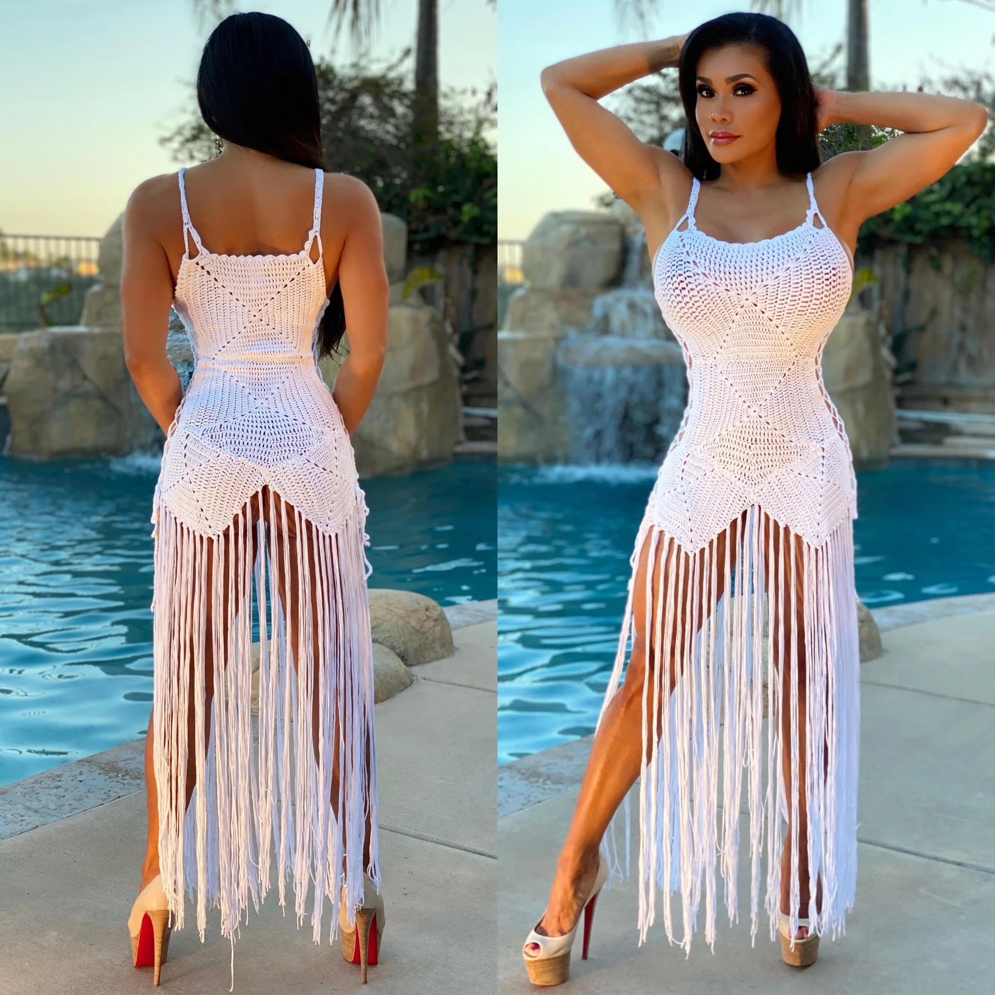 Connie's  LIMITED EXCLUSIVE 🍸"Rich WHITE CROCHET KNIT MAXI Dress or Bikini Cover up" Adjustable Lace up Fit 🍸🍸🍸 - Image 3