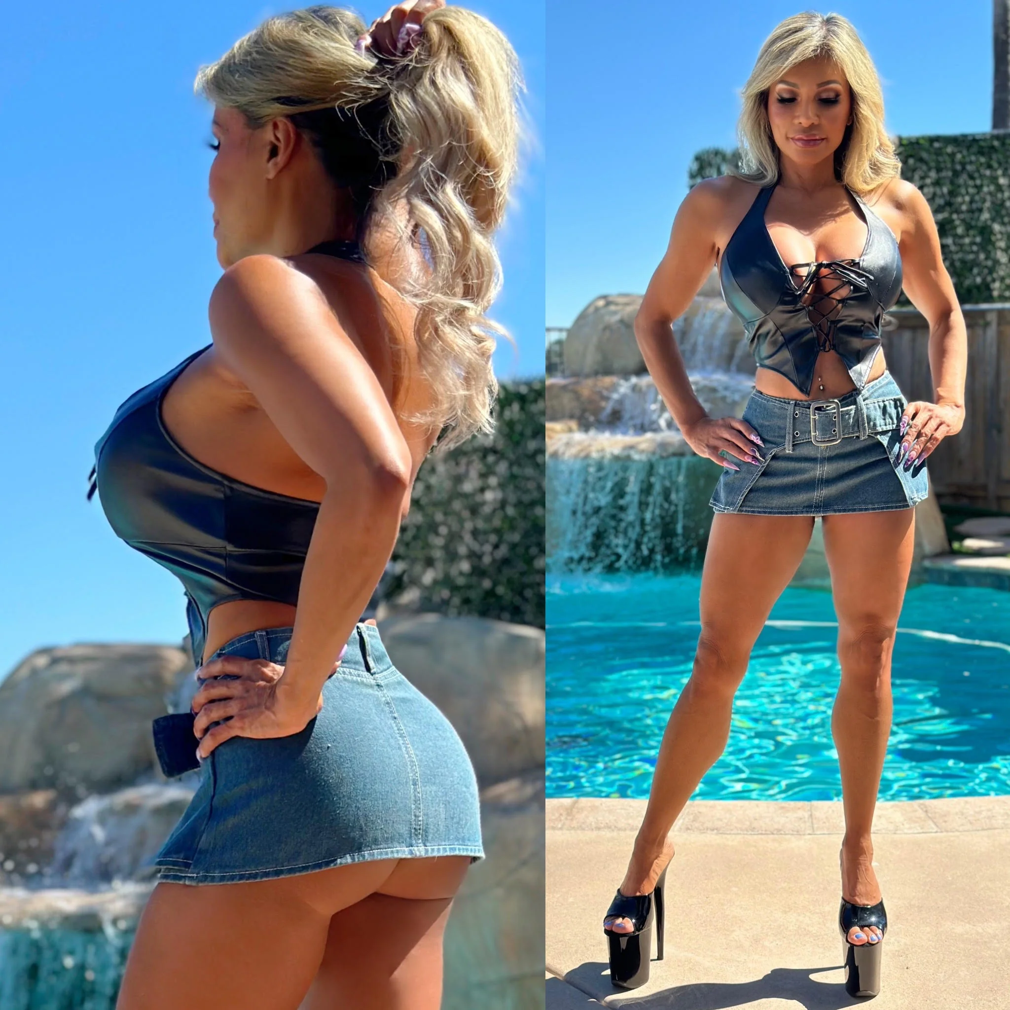 Connie's "HOLLYWOOD 🤠 COWGIRL" Corset Halter Crop Top, BLACK Stretch X-Leather, Adjustable Lace Up Chest - Image 4