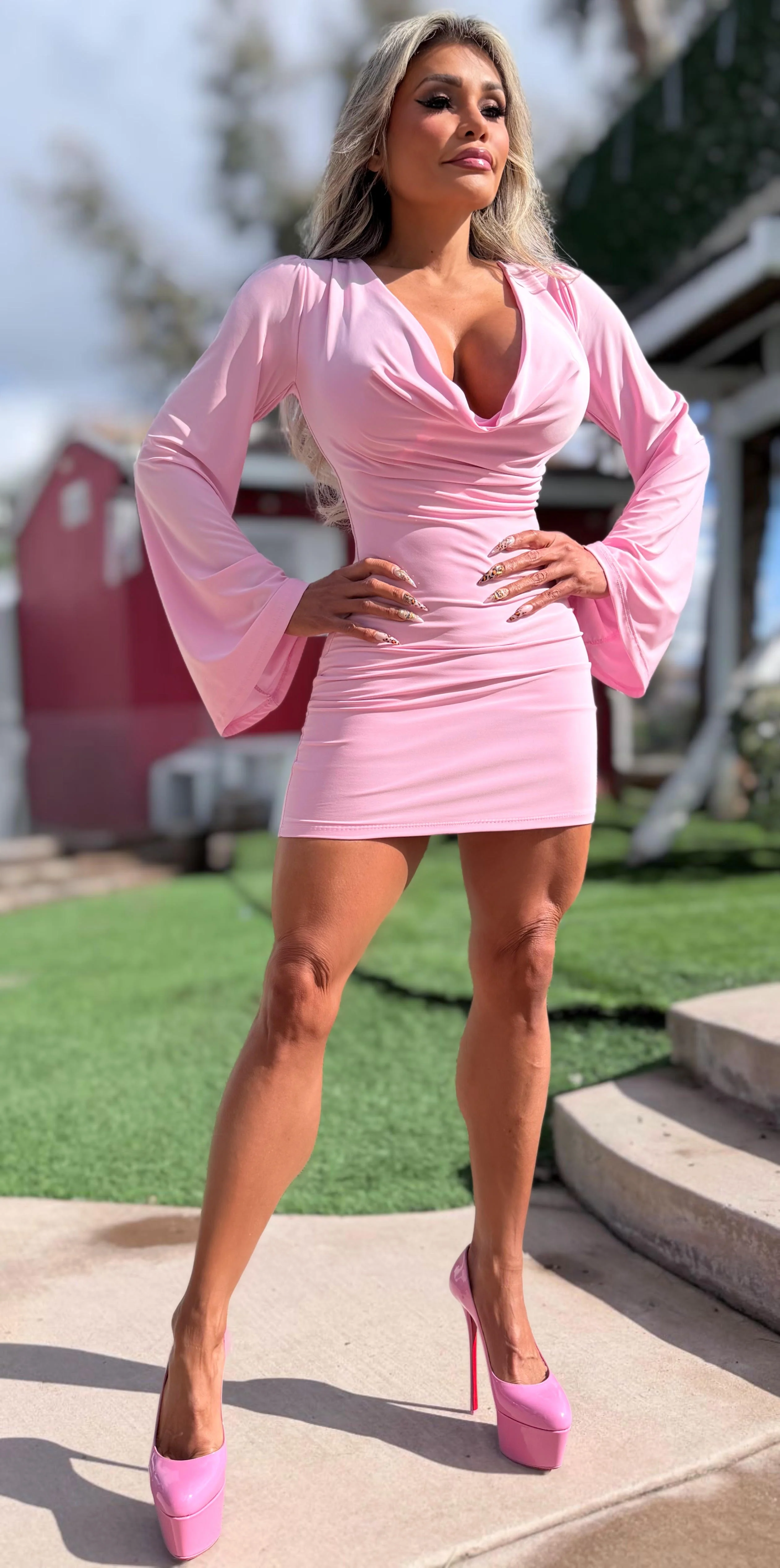 Connie's "VEGAS LOUNGE GIRL PINK FROSTING Mini" RICH CHEST COWL DRAPE, and Bell Sleeves ... Made in the USA - Image 7
