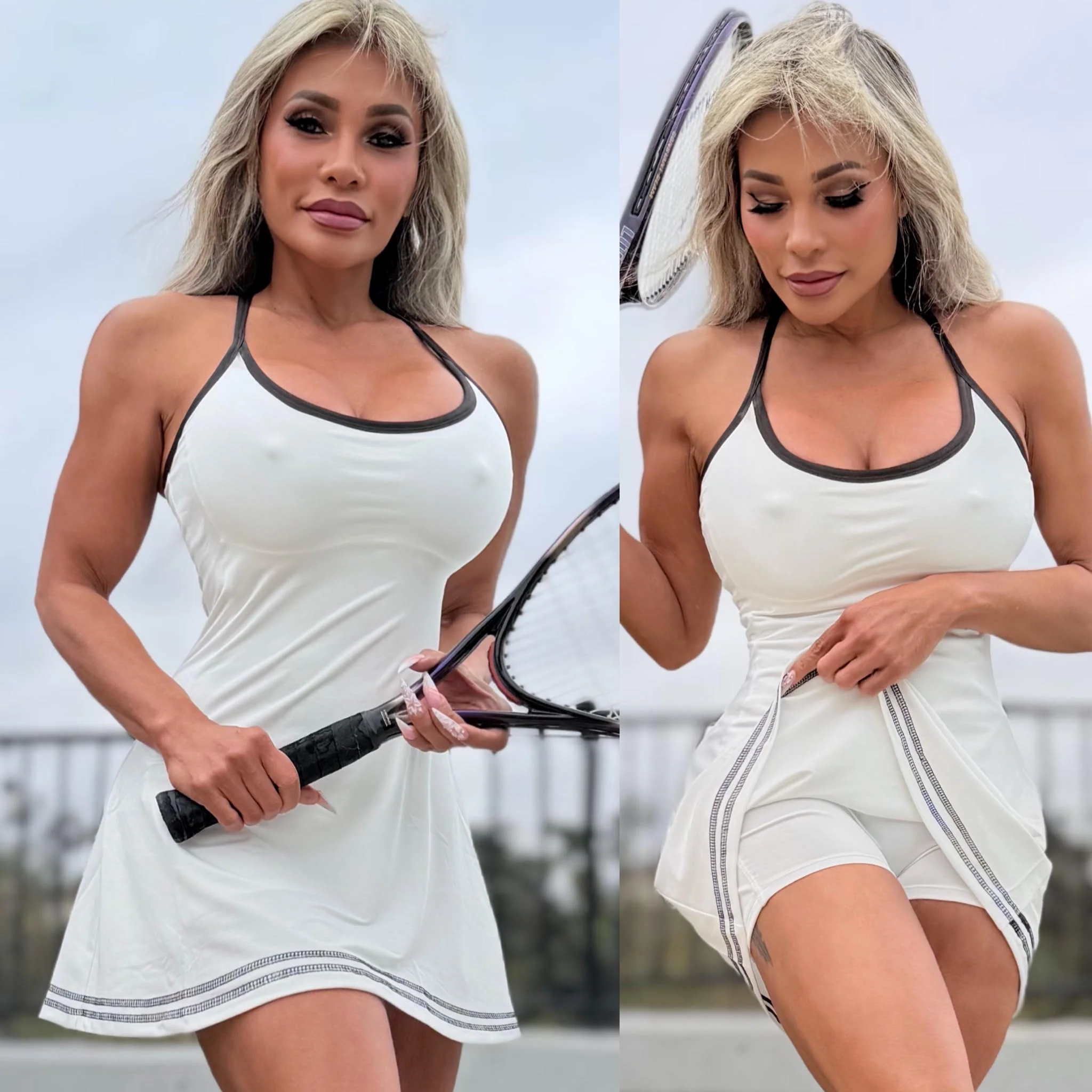Connie's "Naughty 🎾 Tennis Pro RACERBACK Mini Dress" WHITE with BLACK PIPING, Built in Sport Bra and Shorts, SPANDEX Stretch Fit - Image 4