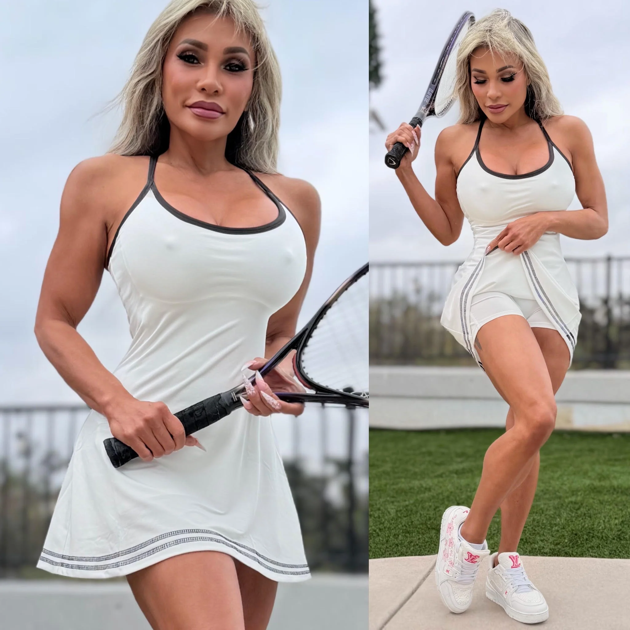 Connie's "Naughty 🎾 Tennis Pro RACERBACK Mini Dress" WHITE with BLACK PIPING, Built in Sport Bra and Shorts, SPANDEX Stretch Fit - Image 6