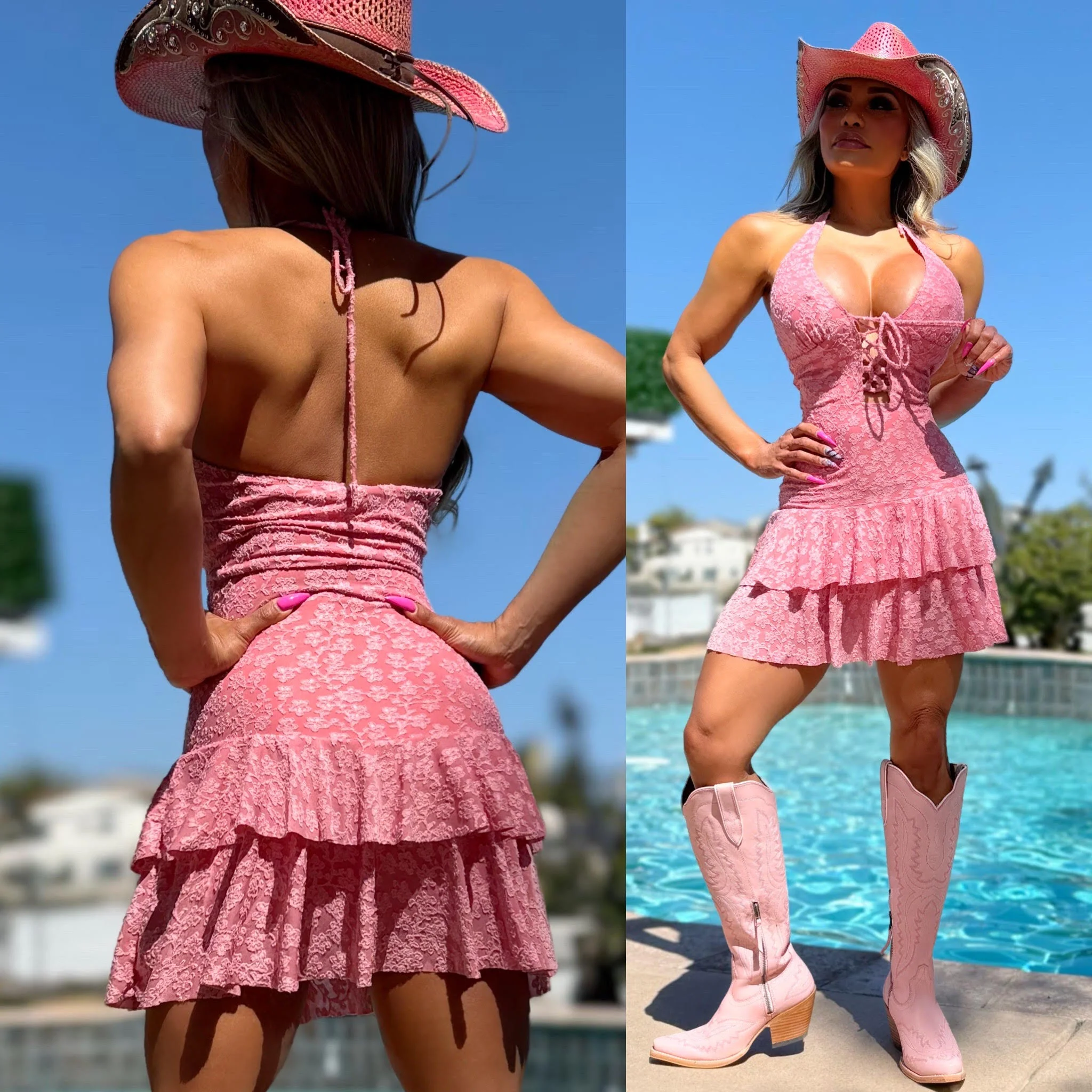 FINAL SALE Connie's "COUNTRY 🍒  PINK CHERRY Mini" Adjustable Open Corset Chest, Soft Super Stretch Fabric and Cute Ruffles 🍸 - Image 3