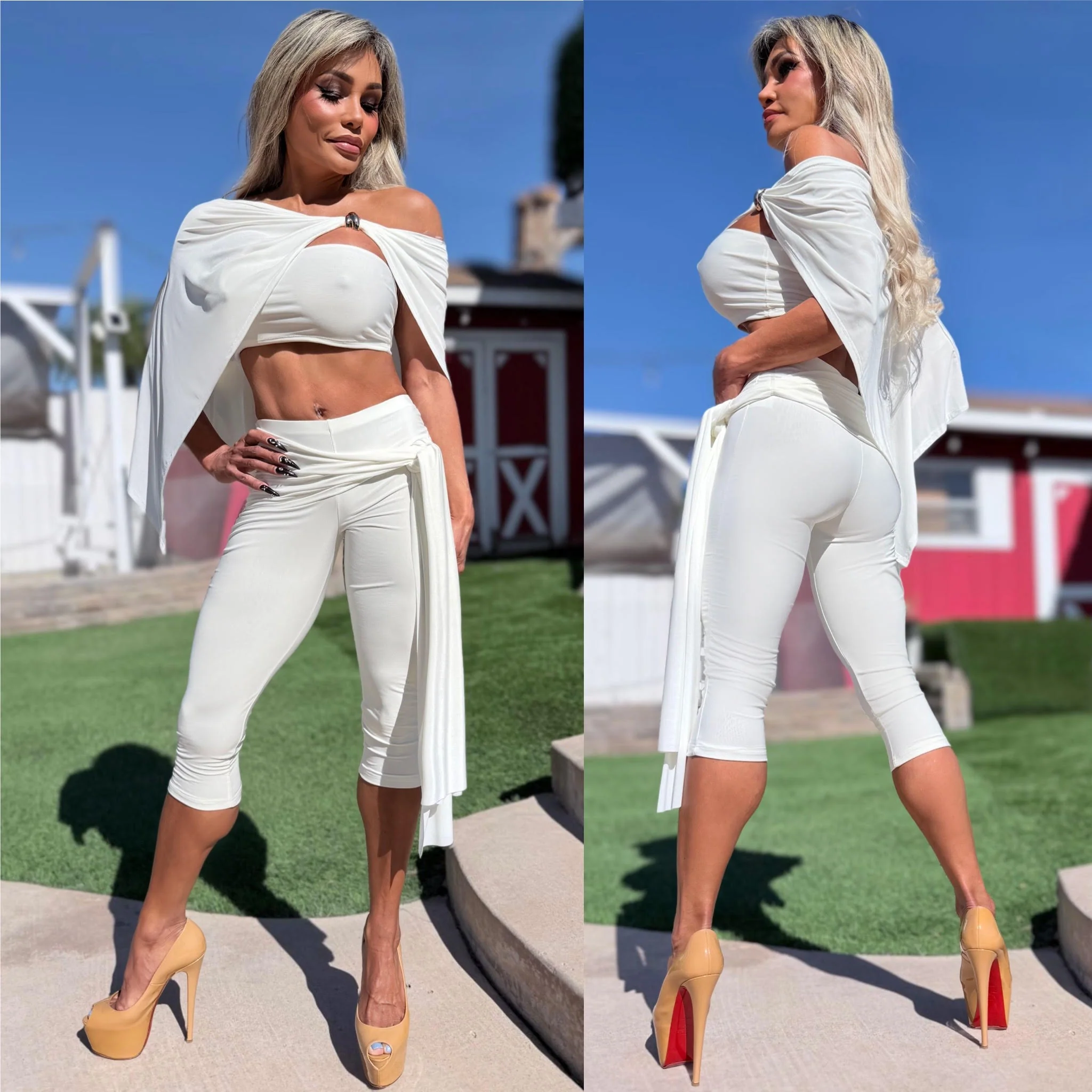 Connie's RICH THREE Piece Set "WHITE SHEEN Poncho, Tube Top and SASH CAPRI Pants" Signature Double Fabric Construction, Made in USA - Image 2