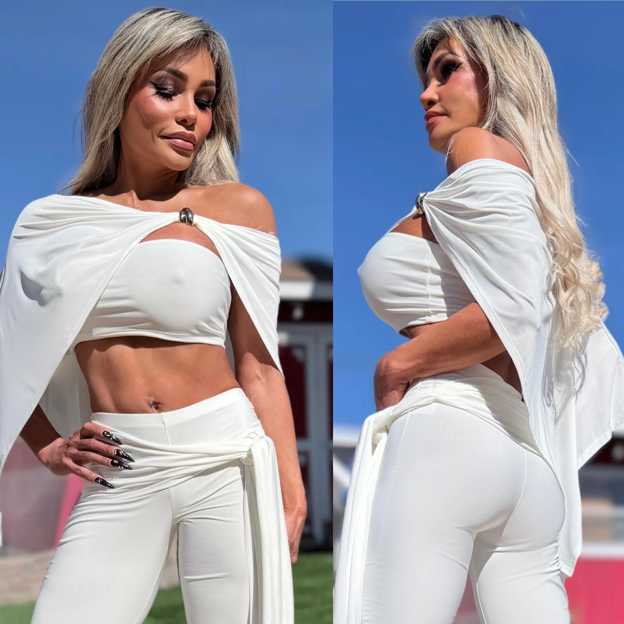 Connie's RICH THREE Piece Set "WHITE SHEEN Poncho, Tube Top and SASH CAPRI Pants" Signature Double Fabric Construction, Made in USA - Image 3