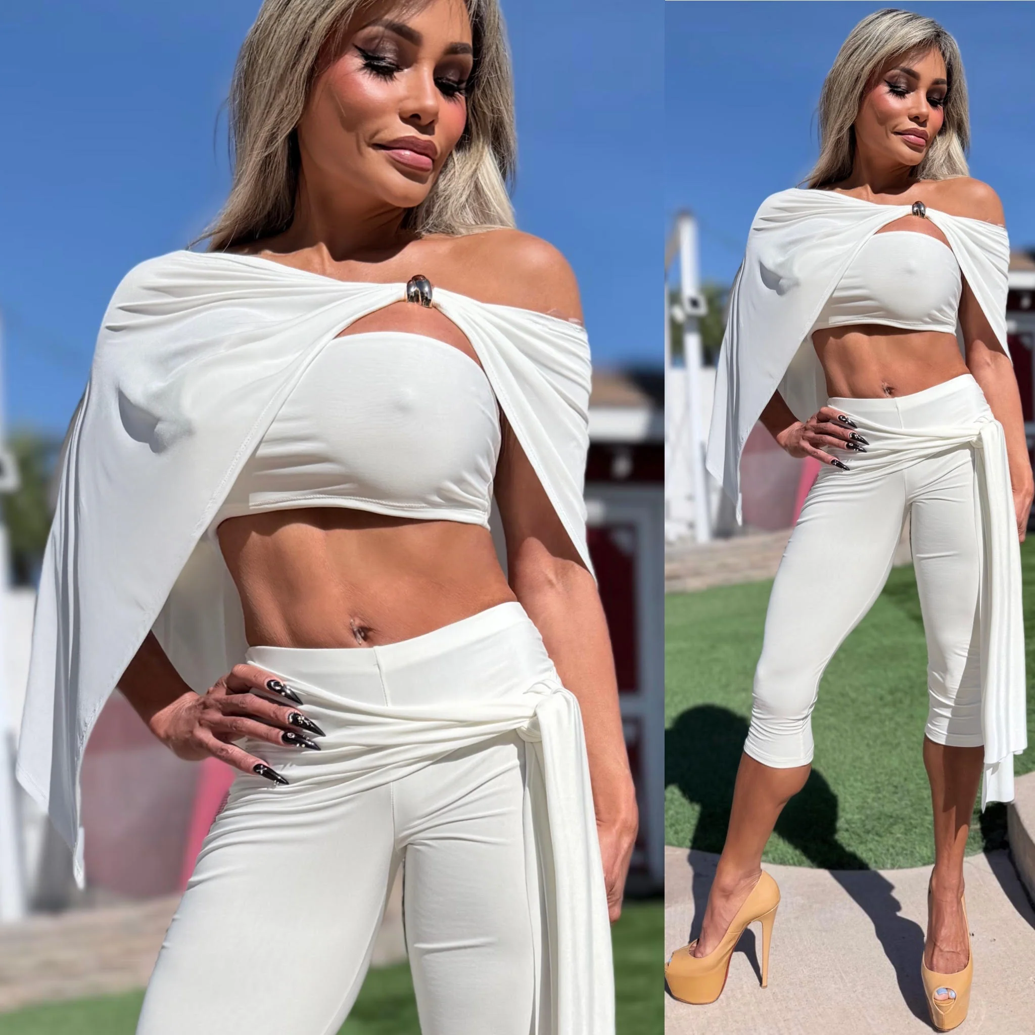 Connie's RICH THREE Piece Set "WHITE SHEEN Poncho, Tube Top and SASH CAPRI Pants" Signature Double Fabric Construction, Made in USA - Image 4