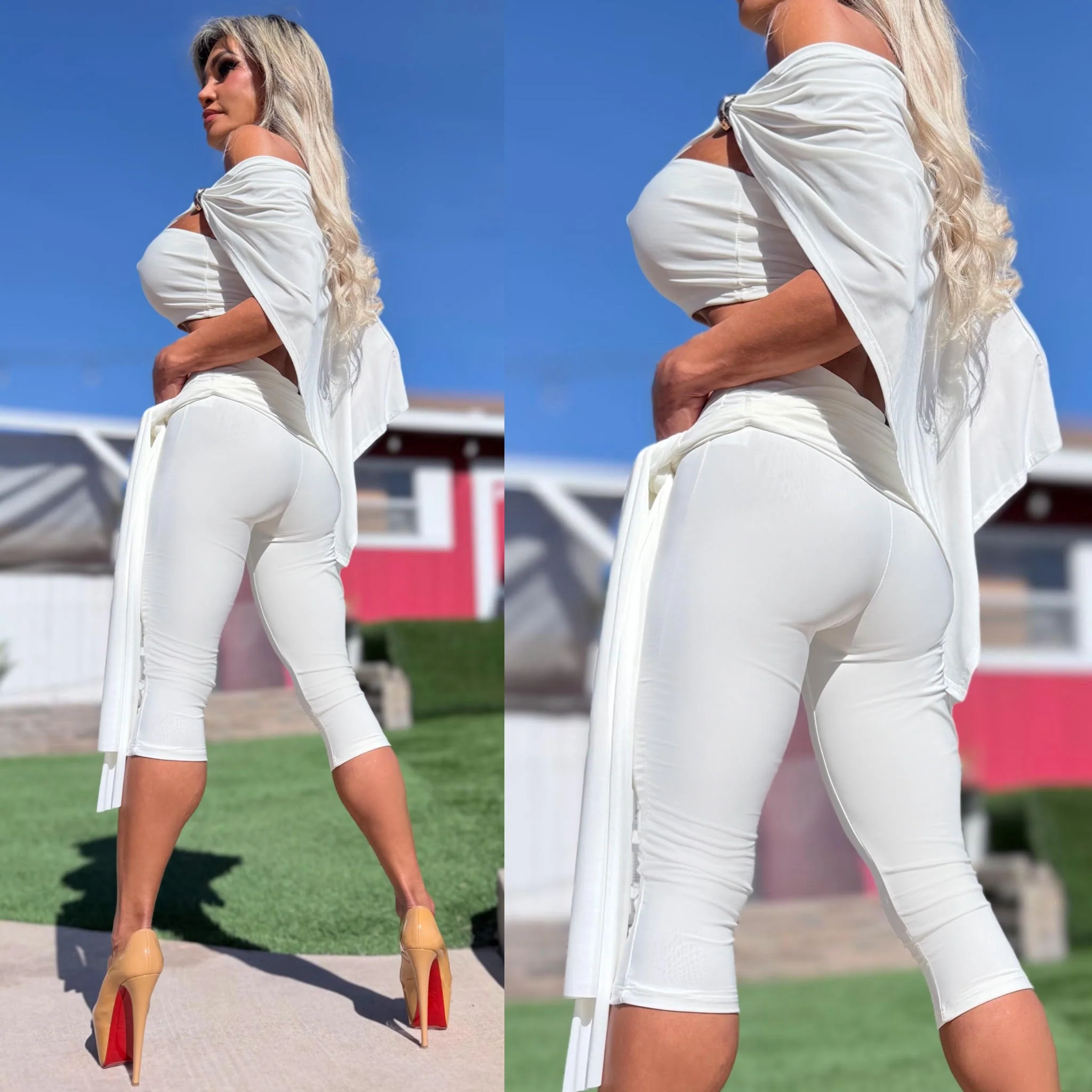 Connie's RICH THREE Piece Set "WHITE SHEEN Poncho, Tube Top and SASH CAPRI Pants" Signature Double Fabric Construction, Made in USA - Image 5