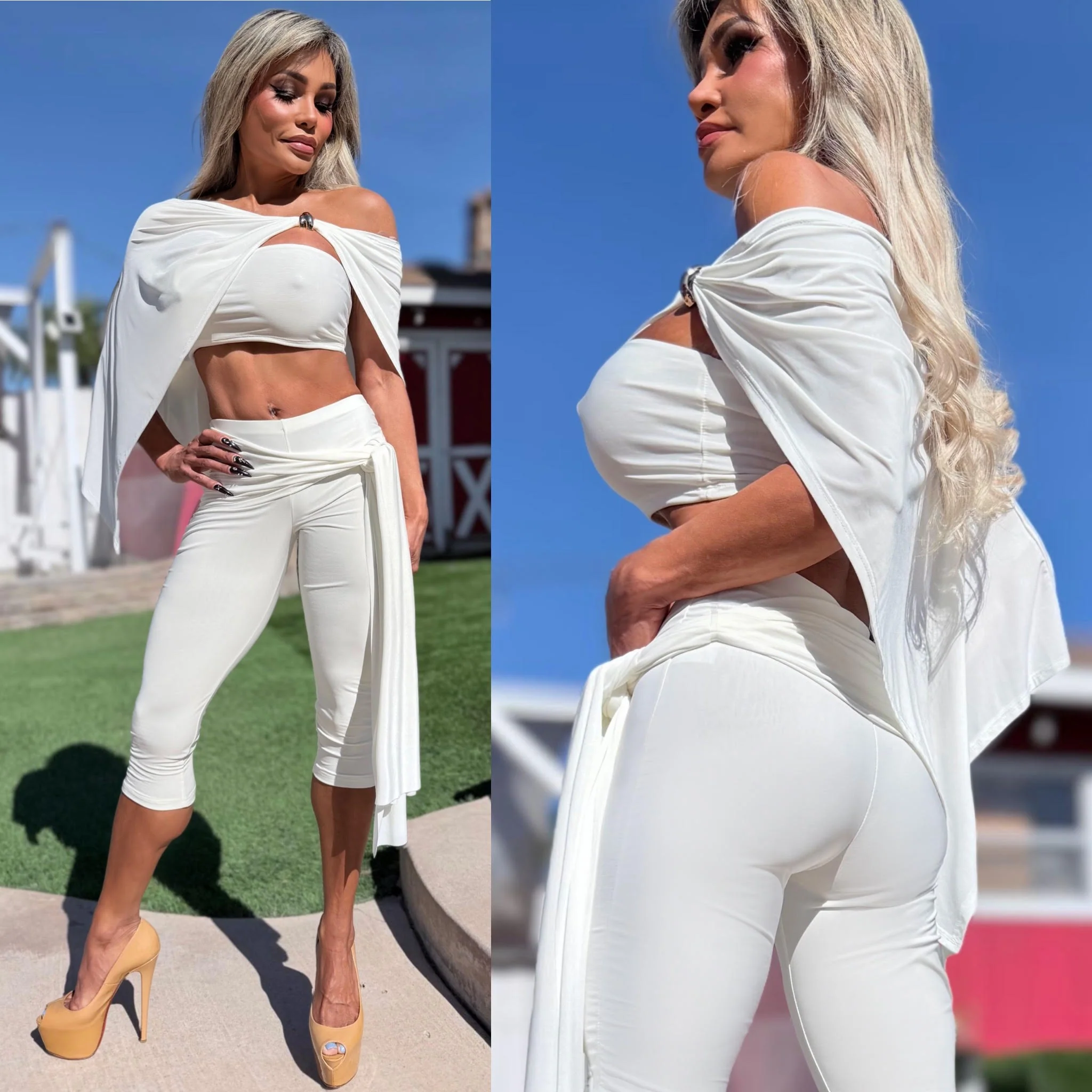 Connie's RICH THREE Piece Set "WHITE SHEEN Poncho, Tube Top and SASH CAPRI Pants" Signature Double Fabric Construction, Made in USA - Image 6