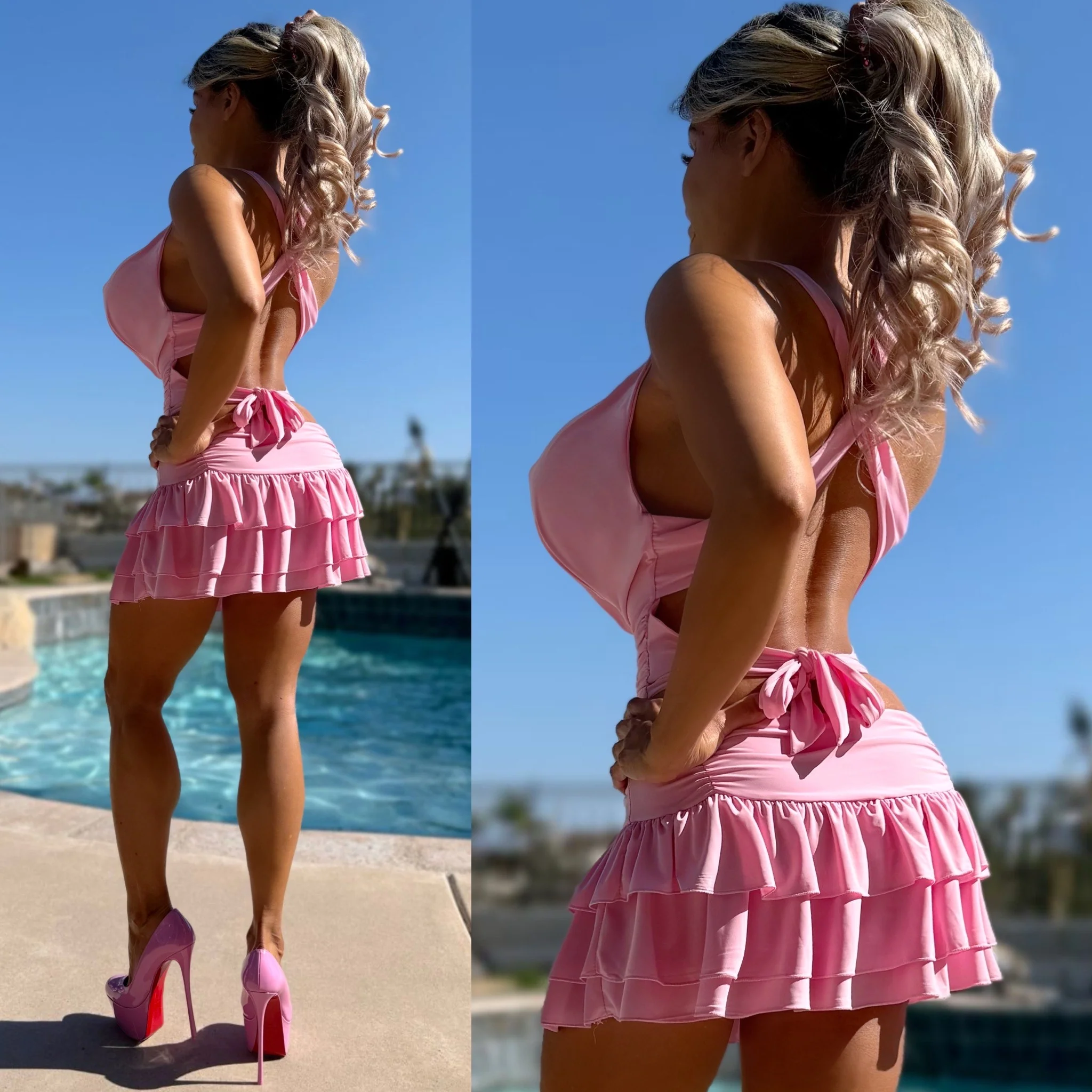 Connie's "PINK SHEEN EXTREME PLUNGE CLUB GIRL SET" Top & Skirt TWO PC Set, Signature Double Fabric Construction, Made in USA - Image 6