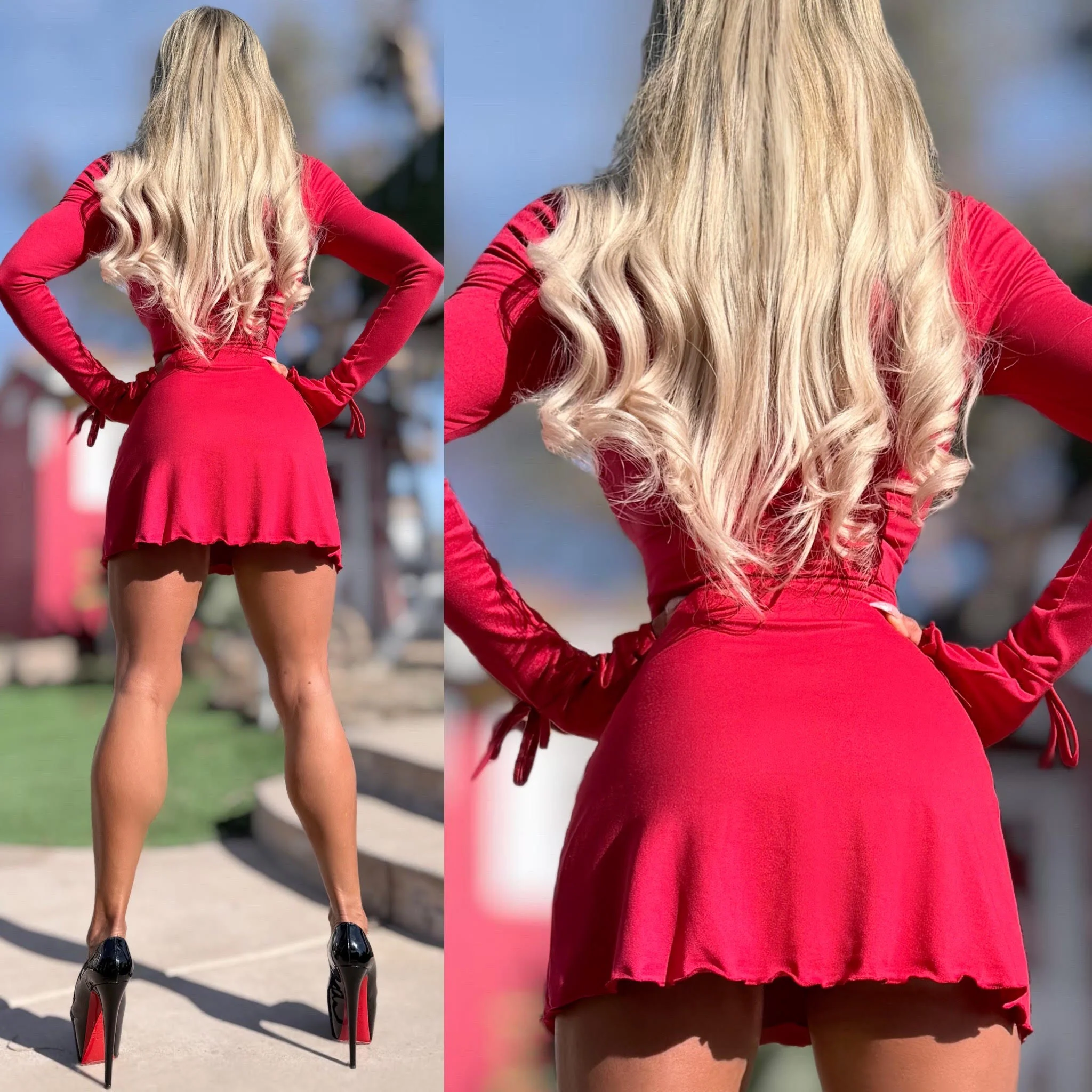 Connie's "ANYTIME RED Bell Sleeve Mini" Open Square Neck, Fitted Upper and waist, Flared Ruffle Hem ... Made in the USA - Image 4