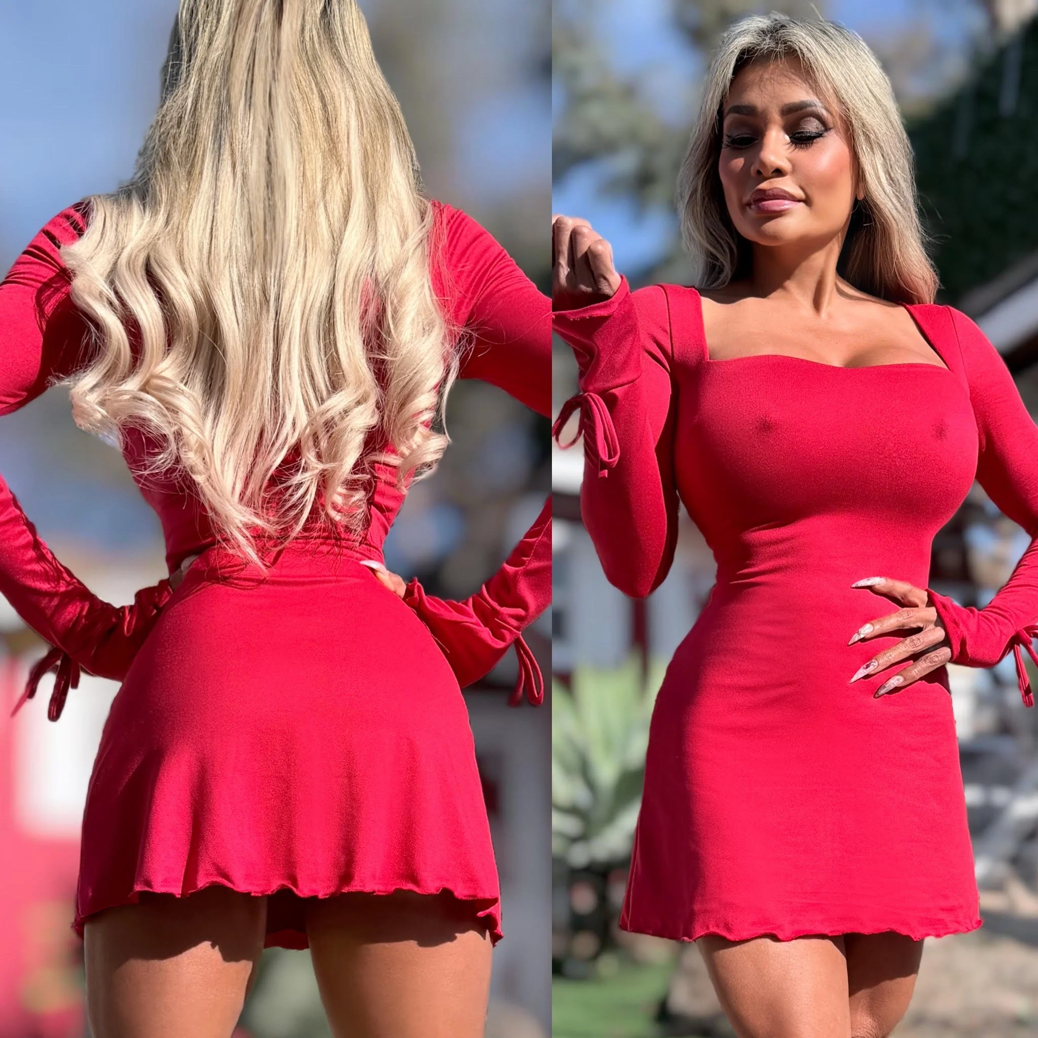 Connie's "ANYTIME RED Bell Sleeve Mini" Open Square Neck, Fitted Upper and waist, Flared Ruffle Hem ... Made in the USA - Image 5