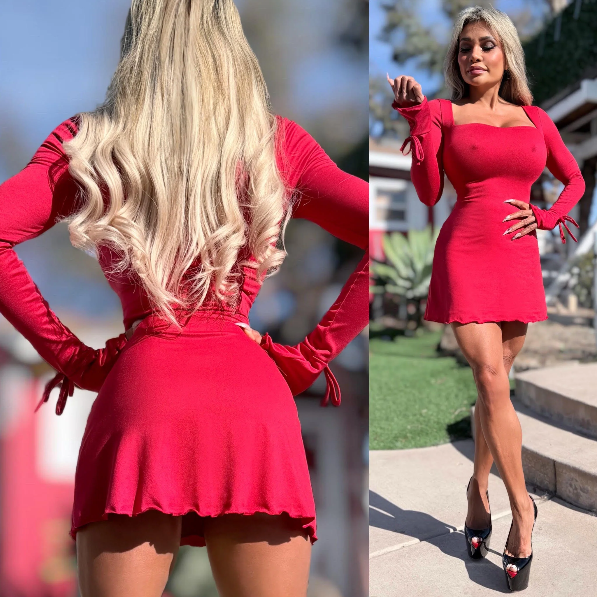 Connie's "ANYTIME RED Bell Sleeve Mini" Open Square Neck, Fitted Upper and waist, Flared Ruffle Hem ... Made in the USA - Image 6