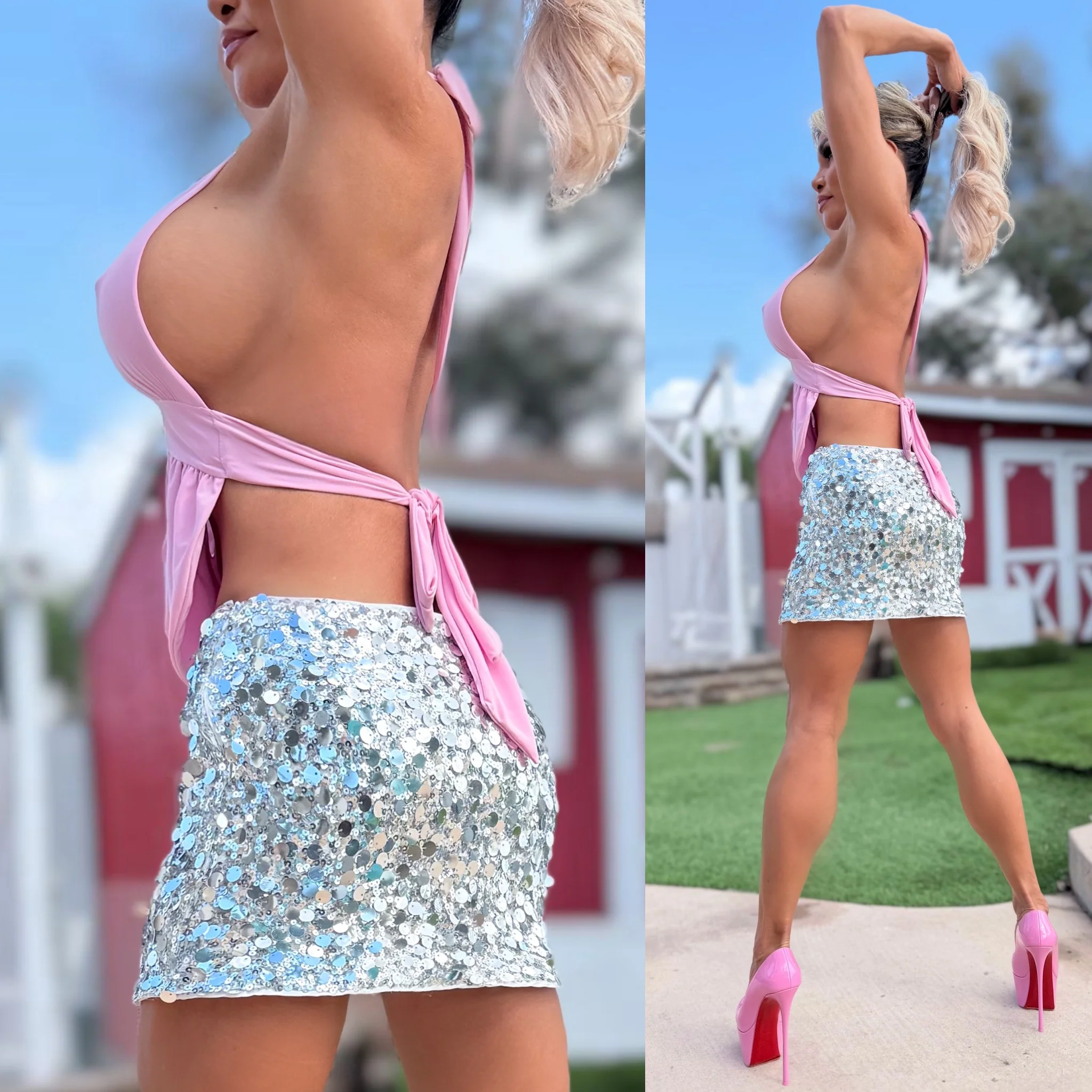 Connie's EXCLUSIVE "LOW RISE WAIST MODERN SEQUIN MINI SKIRT" SILVER Multi sized Sequin, Lined and Stretch Fit, Zip Closure - Image 3