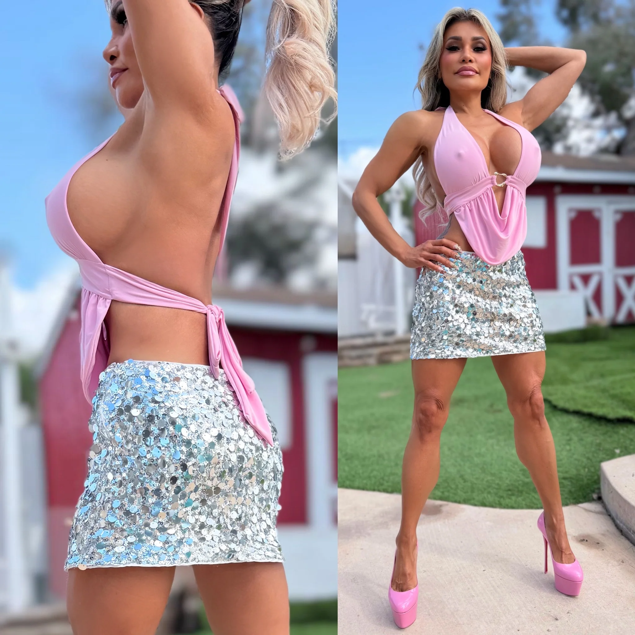 Connie's EXCLUSIVE "LOW RISE WAIST MODERN SEQUIN MINI SKIRT" SILVER Multi sized Sequin, Lined and Stretch Fit, Zip Closure - Image 4
