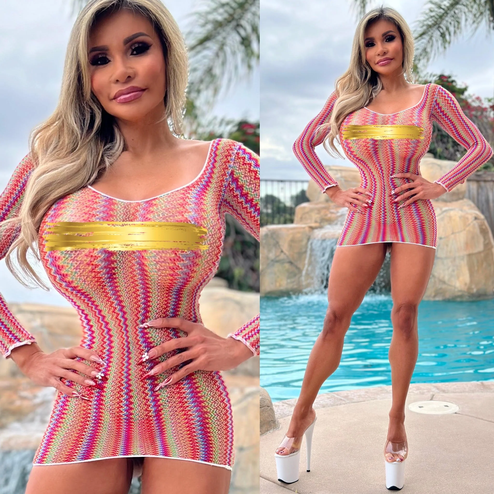 Connie's "ISLAND VACATION CHAMPAGNE ROOM Mini" MULTI Color Extreme Stretch See Thru MESH Lingerie Mini Dress - Image 8