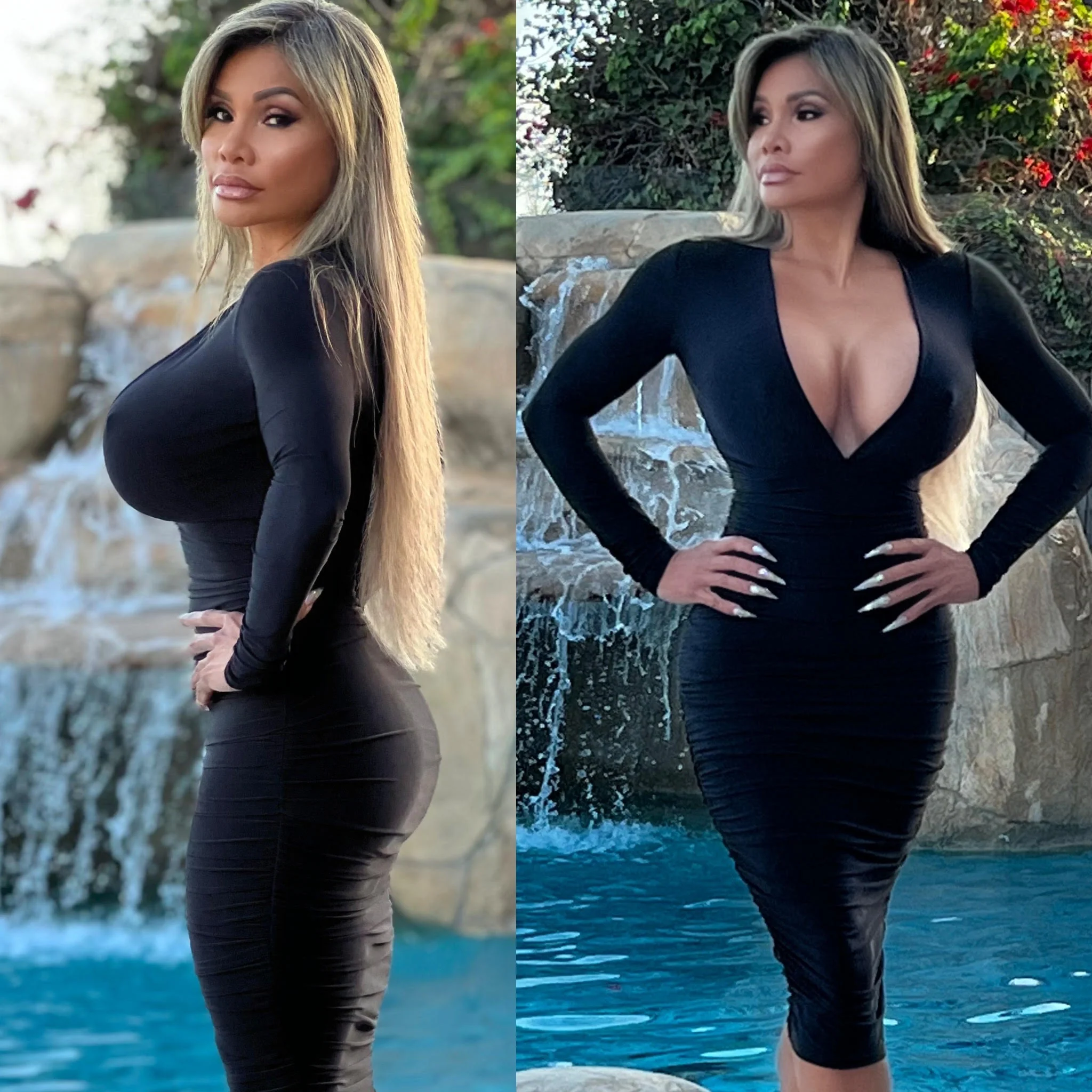 Connie's EXCLUSIVE "PURE BLACK VIXEN Pencil Midi" DEEP Plunge Chest, Ruched Lower, With a SUPER Stretch Tight Fit🥂🥂 - Image 5
