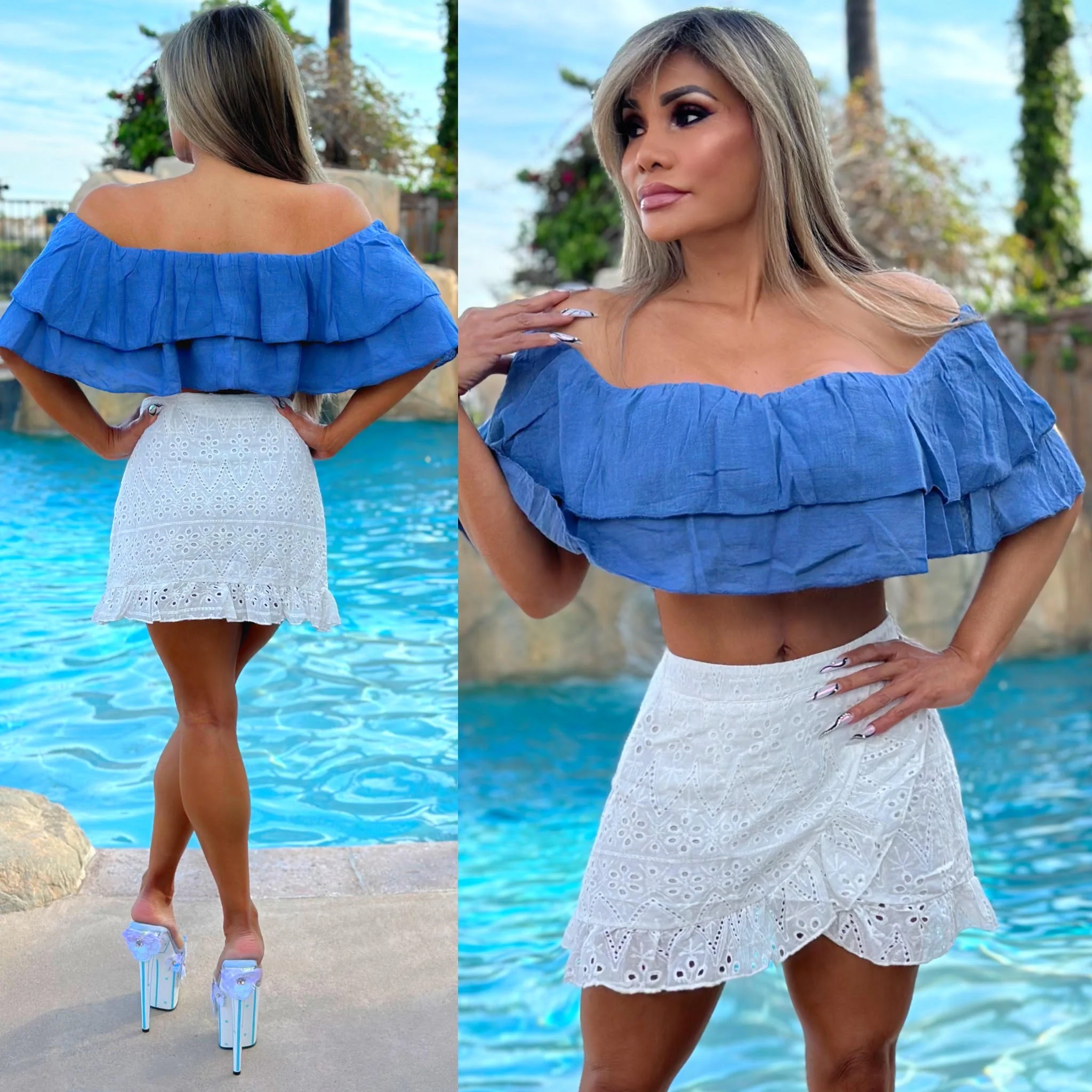 FINAL SALE Connie's TOP SHELF🥂 "Spanish Blue Jean Blue OFF SHOULDER Top" ... Cotton Gauze Outer ruffle and Lined Inner  💙💙💙 - Image 3